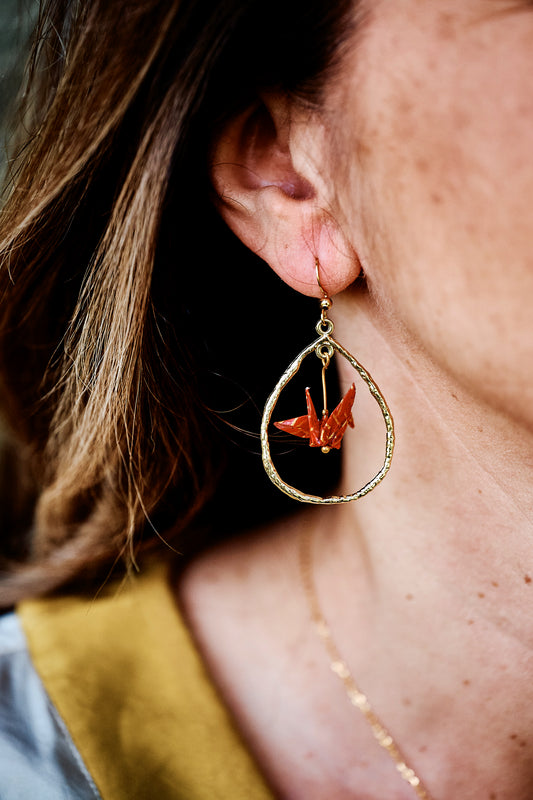 Paper Origami Crane Earrings - Tear Drop Gold Loop
