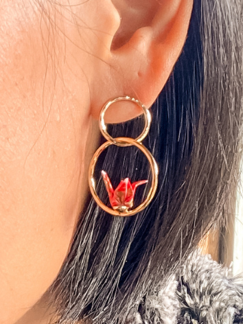 Origami-Crane-Double-Hoop-Earrings-Red