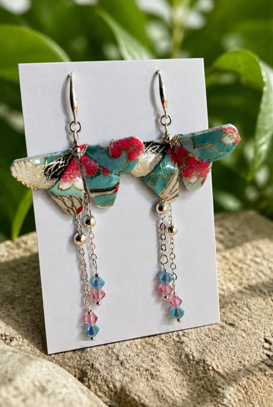 Sakura Sky | Origami Butterfly Statement Dangling Earrings | Handmade Japanese Washi Jewellery