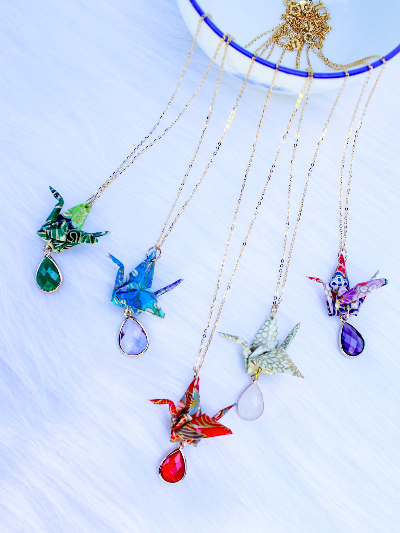 Handmade Origami Crane Necklace – Gold & Gemstone Crystal
