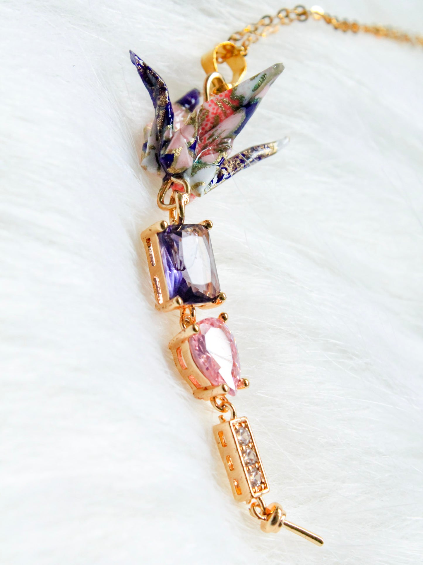 Origami Purple Crane Necklace Graceful Crystal Drops Necklace