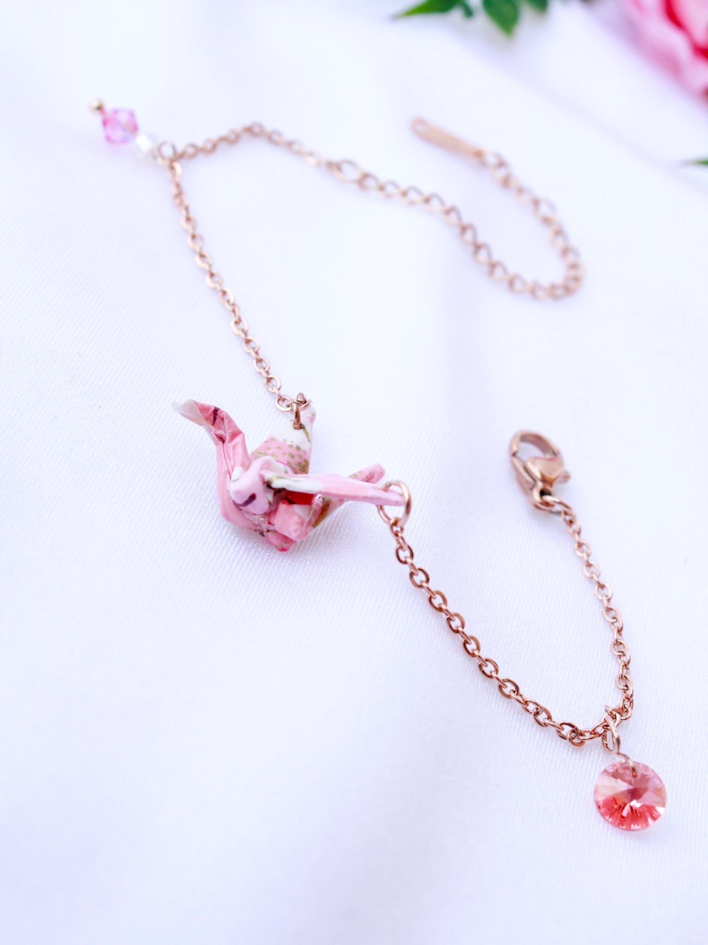 Origami-Bracelet-Crane-Swarovski-Crystals-Rose-Gold--PINK