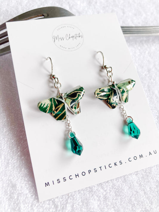 Origami-Butterfly-Dangling-Earrings-Swarovski-Crystals-Green