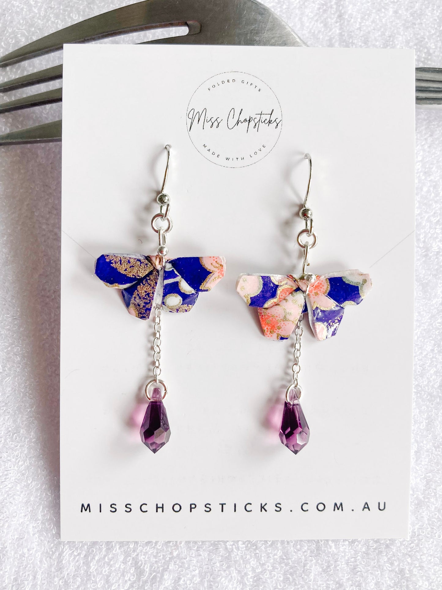 Dazzling Origami Butterfly Earrings Tear Drop Crystals Earrings Purple