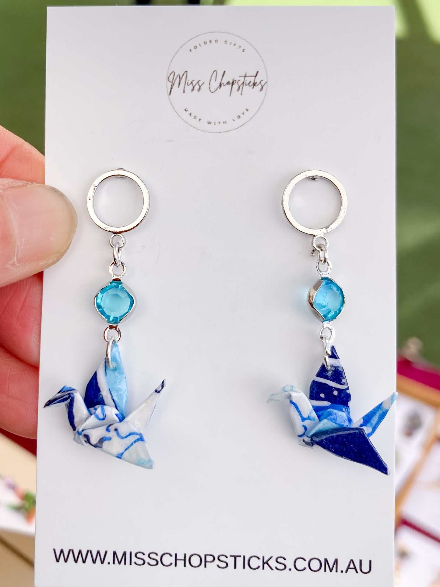 Origami Crane Glass Beads Hoop Stud Earrings Elegant Dangle
