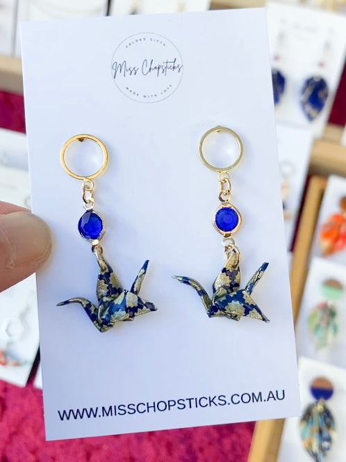 Origami Crane Glass Beads Hoop Stud Earrings Elegant Dangle