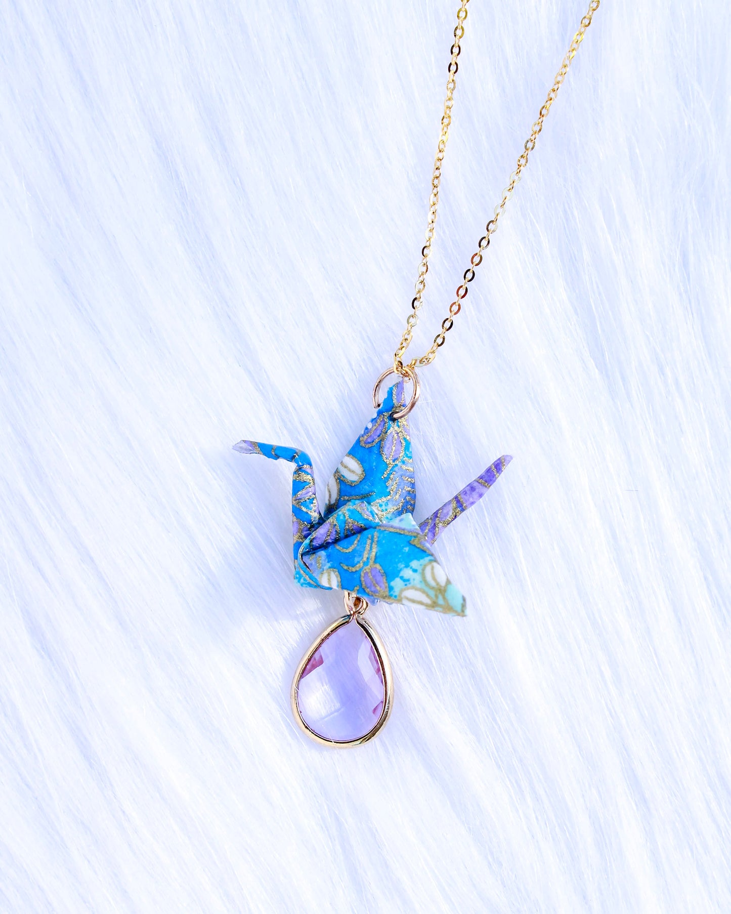 Origami-Necklace-Crane-Gold-Chain-Light-Purple-Gemstone