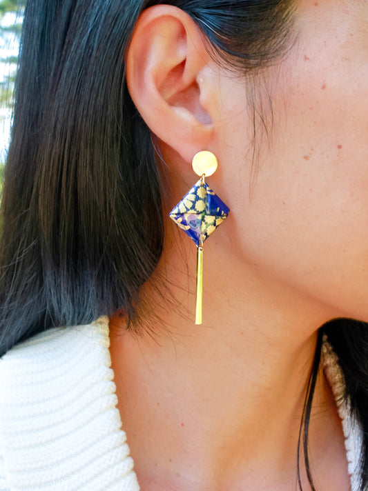 navy gold origami square dangle earrings – hypoallergenic gold-plated stainless steel, meaningful jewellery for her.