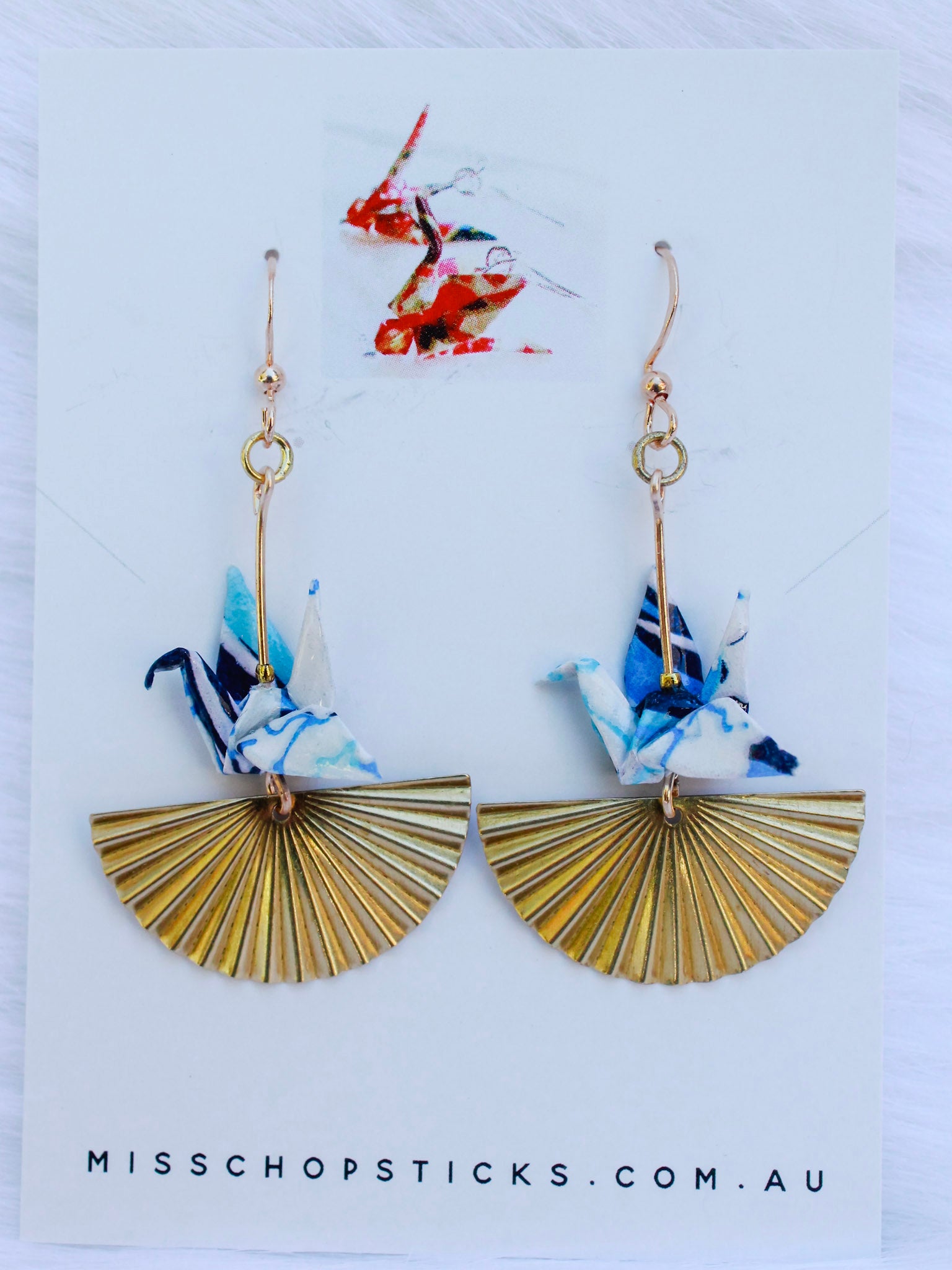 Origami-Crane-Earrings-Golden-Fan-Blue