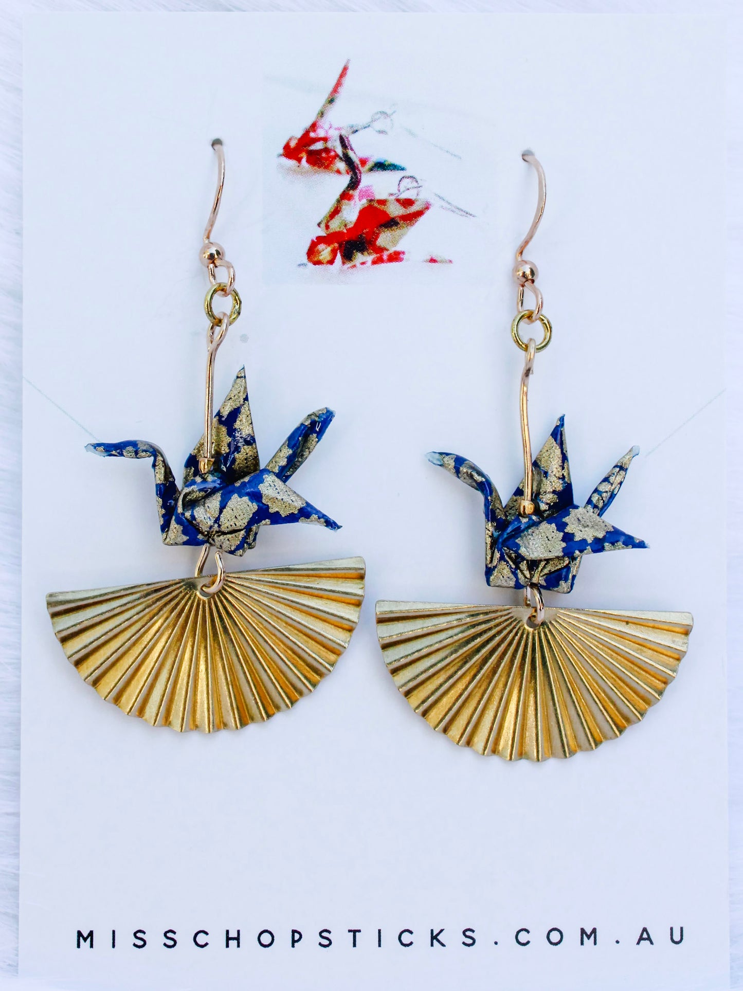 Origami-Crane-Earrings-Golden-Fan-Navy-Gold