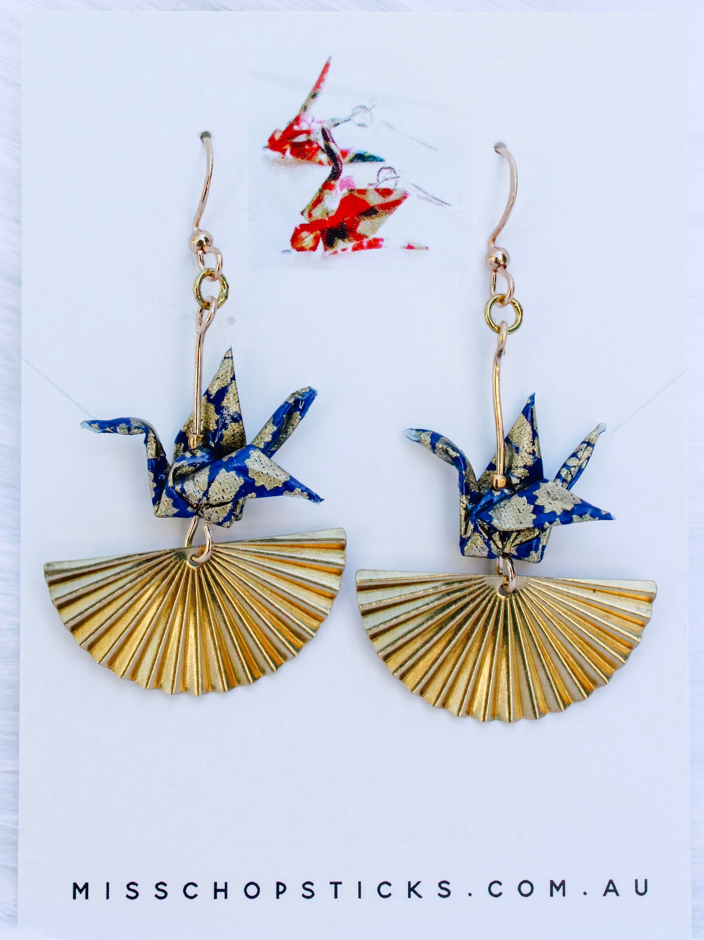 Origami-Crane-Earrings-Golden-Fan-Navy-Gold