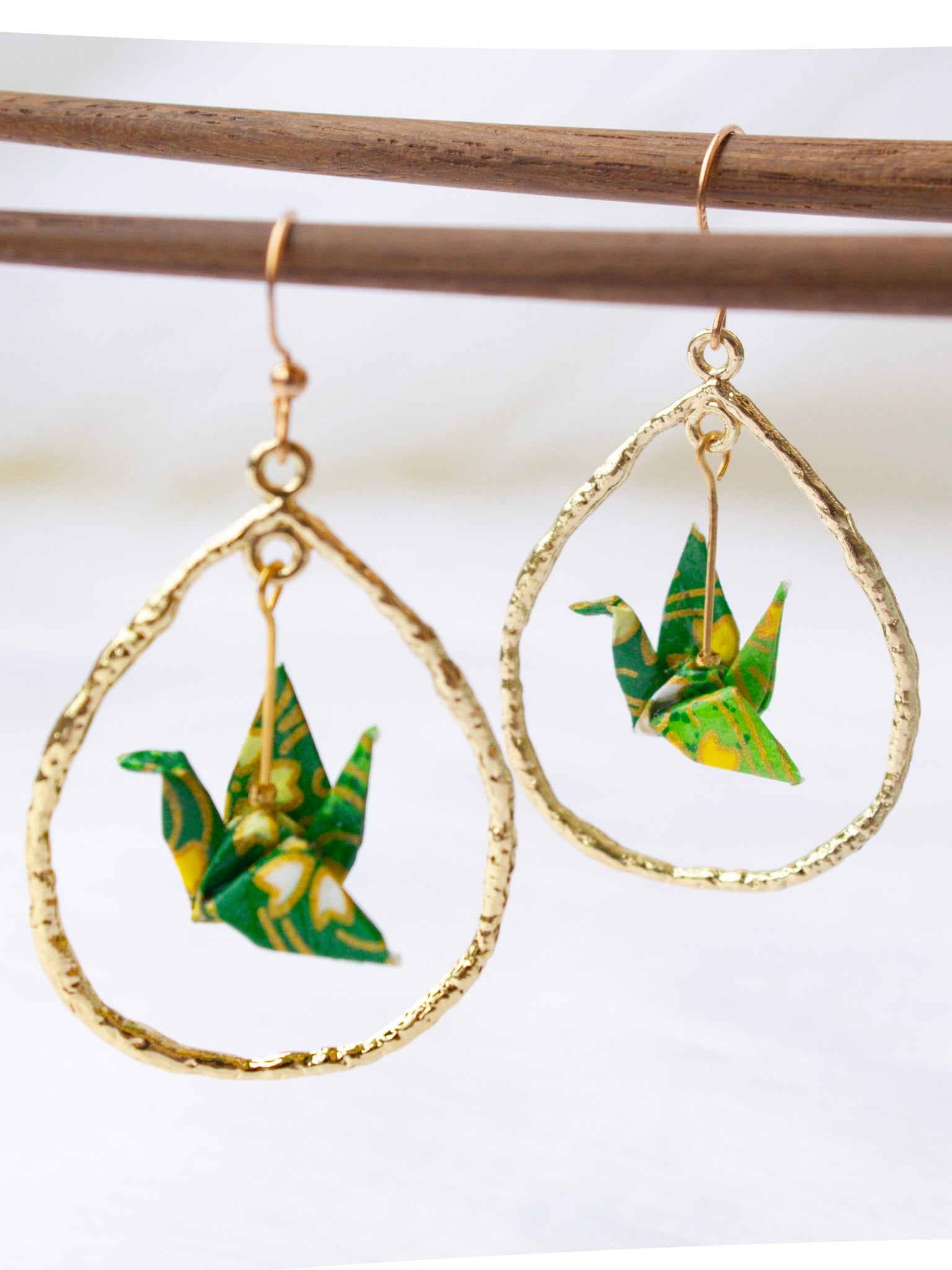 Origami-Crane-Earrings-Tear-Drop-Gold-Loop-Green