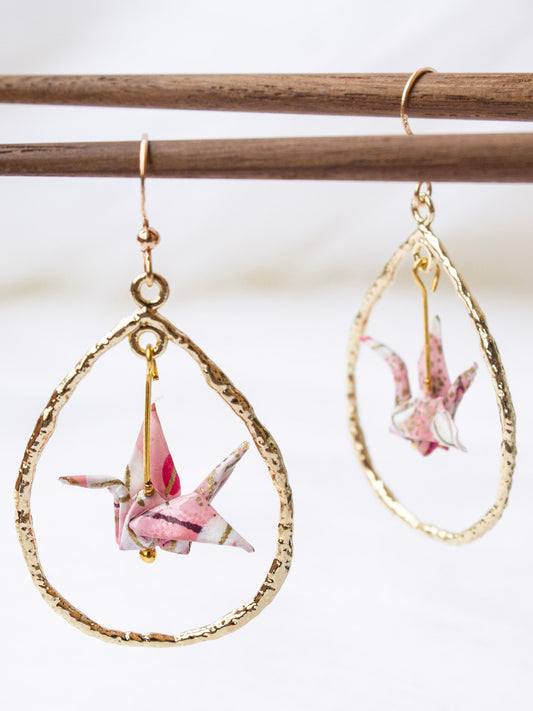 Origami-Crane-Earrings-Tear-Drop-Gold-Loop-Pink