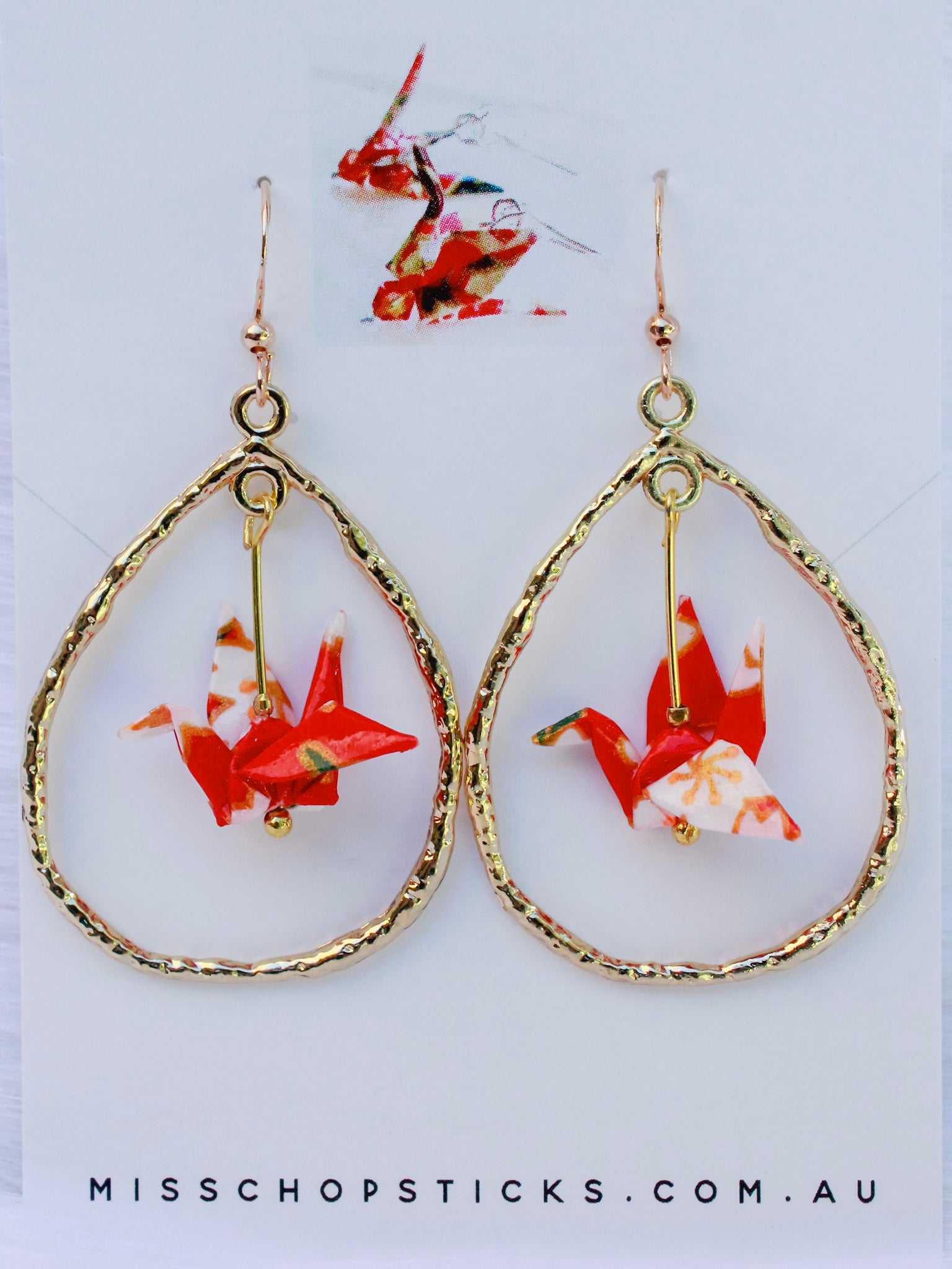 Origami-Crane-Earrings-Tear-Drop-Red-Loop