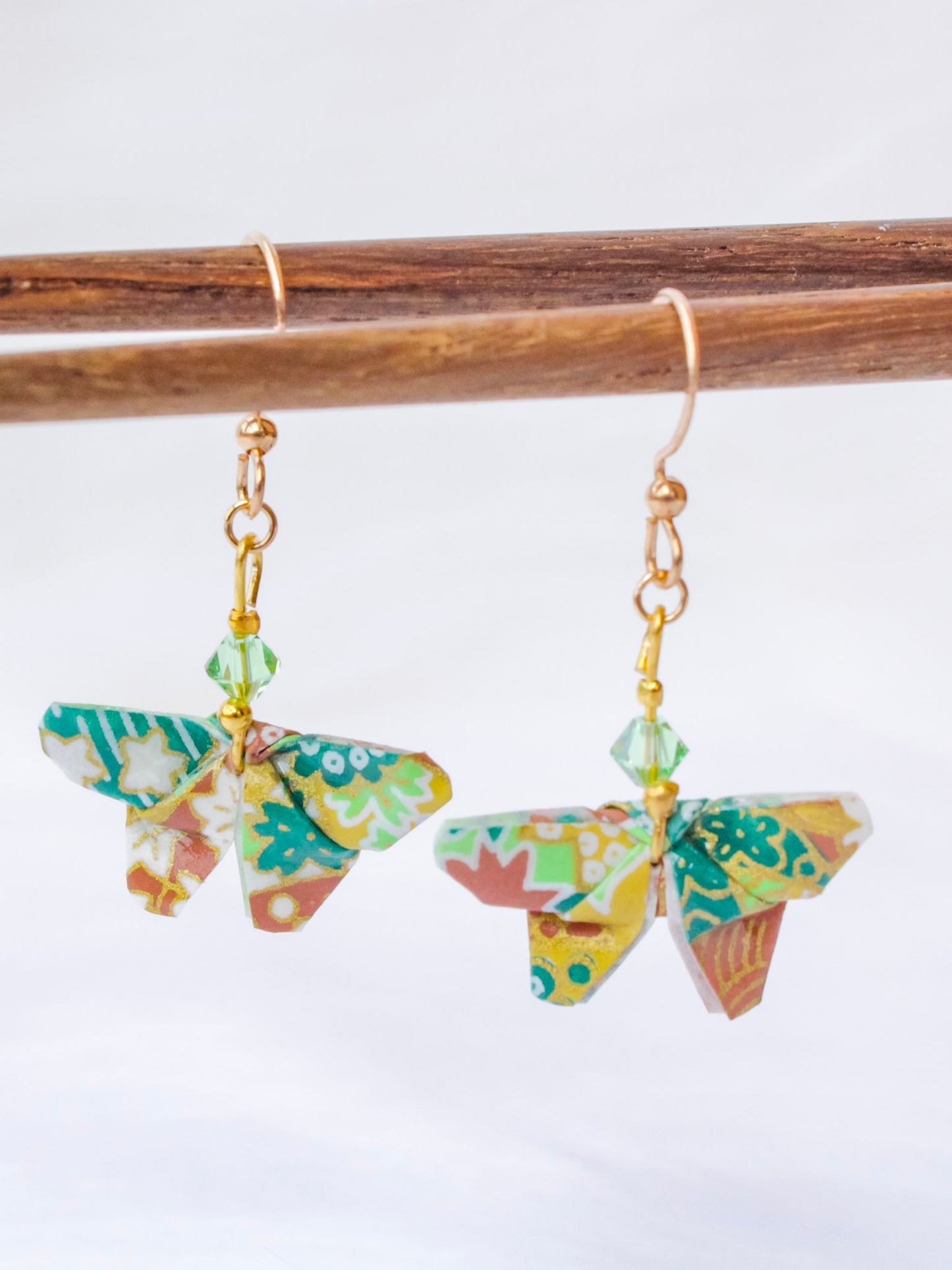 Origami-Earring-Butterfly-Swarovski-crystal-sterling-gold-hooks-green