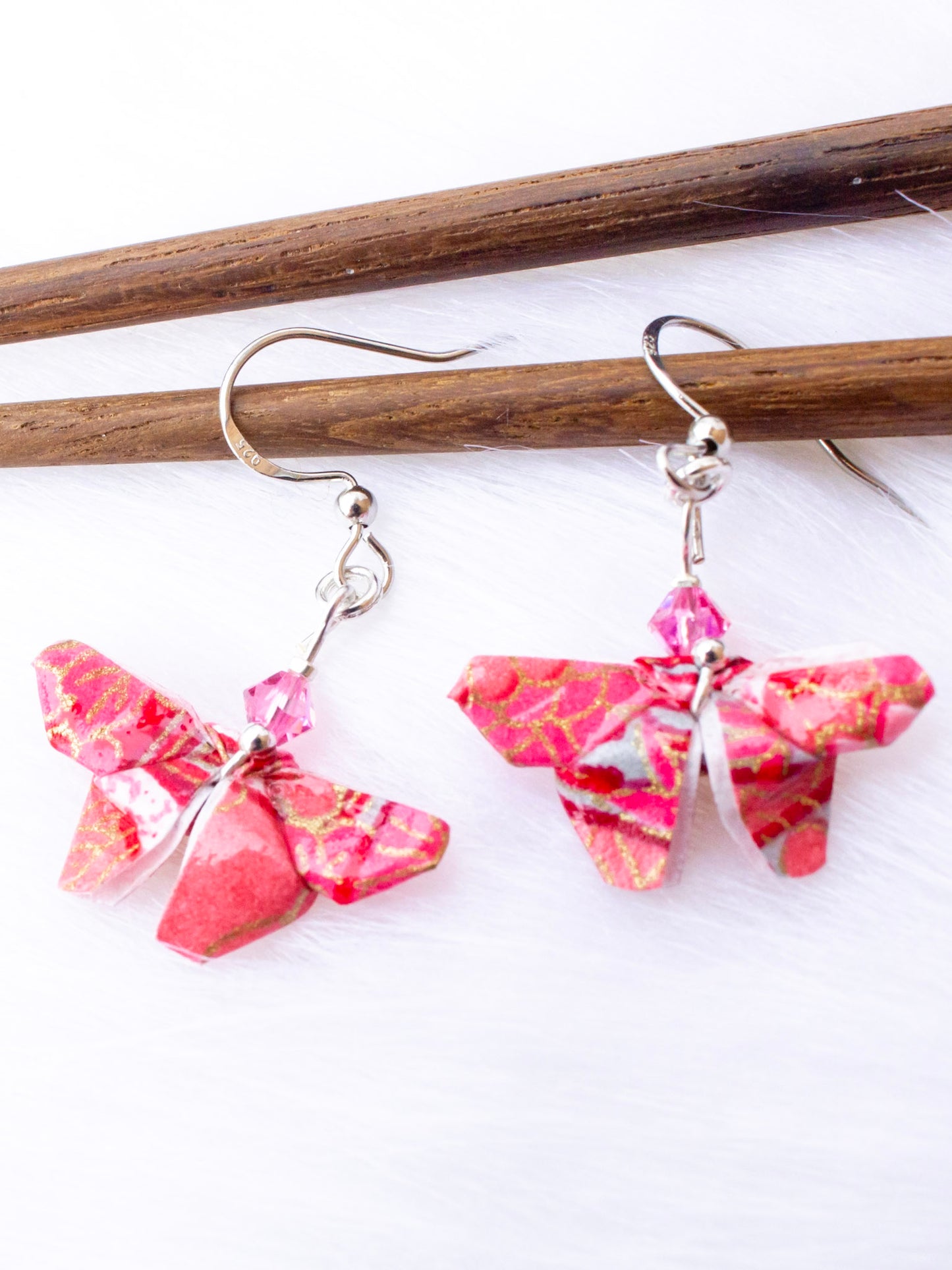Origami-Earring-Butterfly-Swarovski-crystal-sterling-silver-hooks-pink