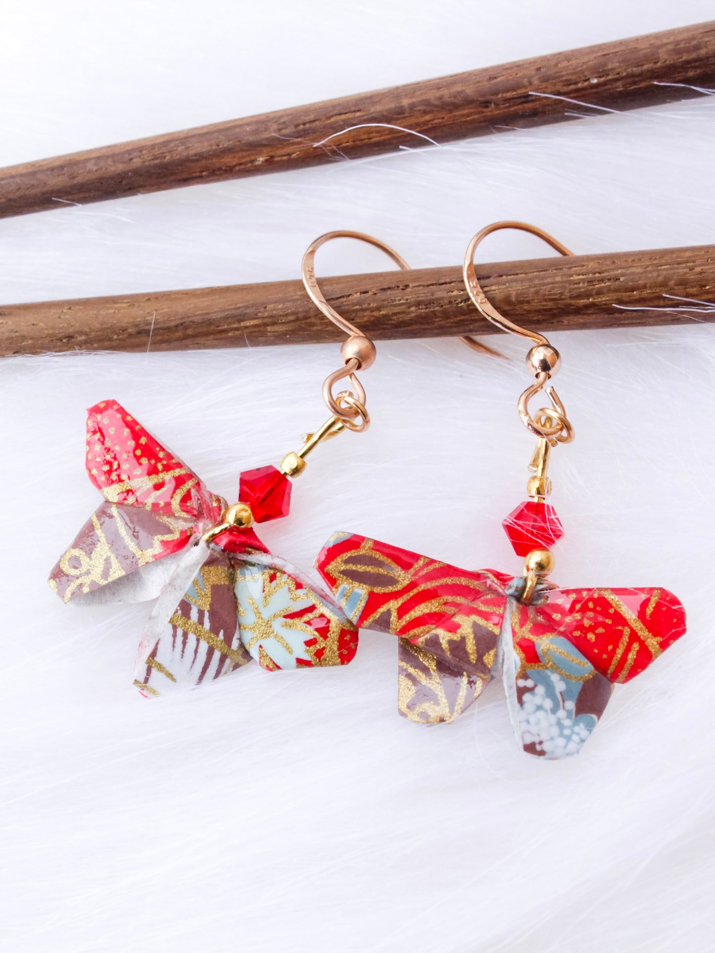 Origami-Earring-Butterfly-Swarovski-crystal-sterling-gold-hooks-red