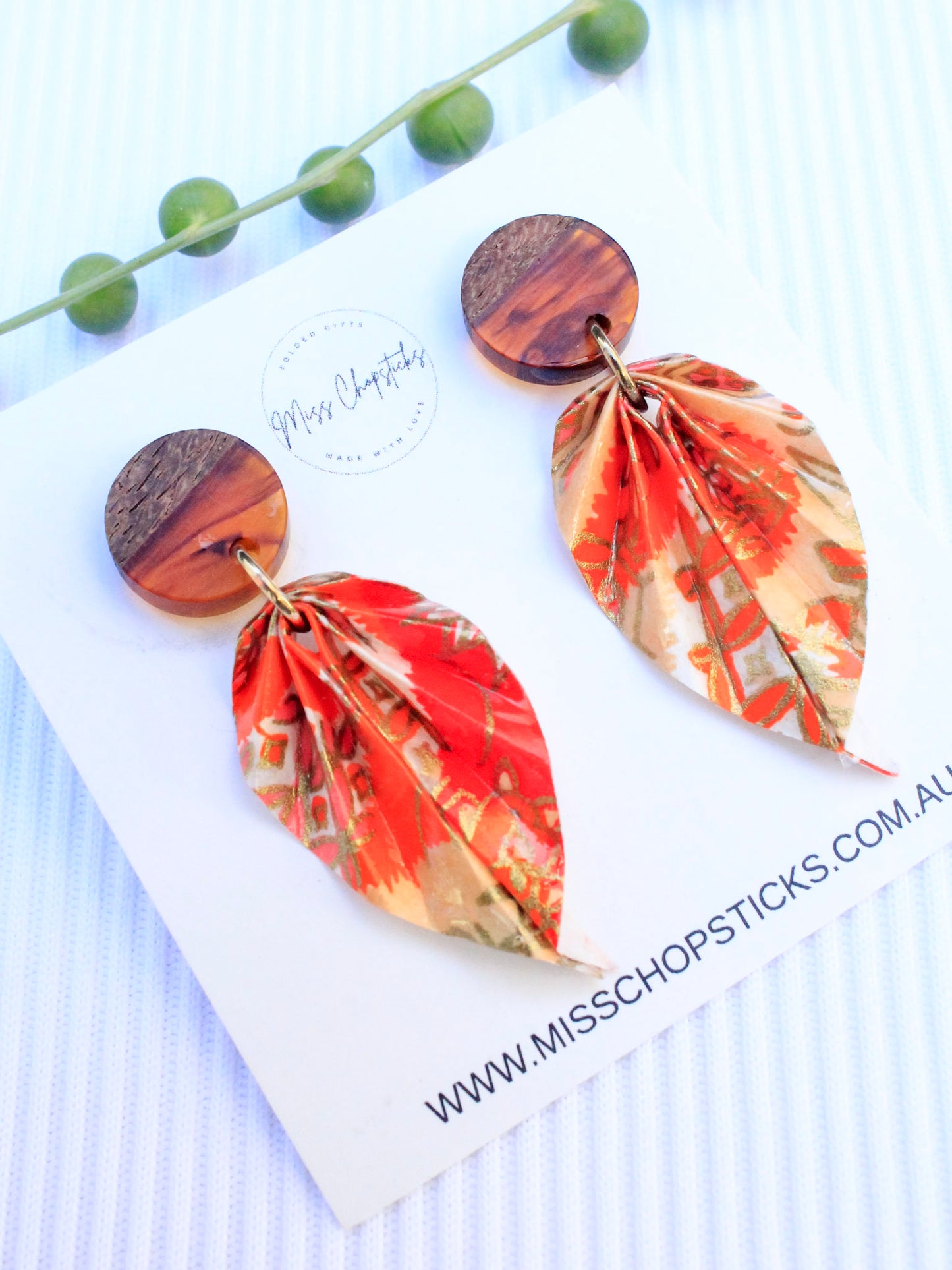Origami-Earrings-Leaf-Wooden-Resin-Studs-Orange-Autumn