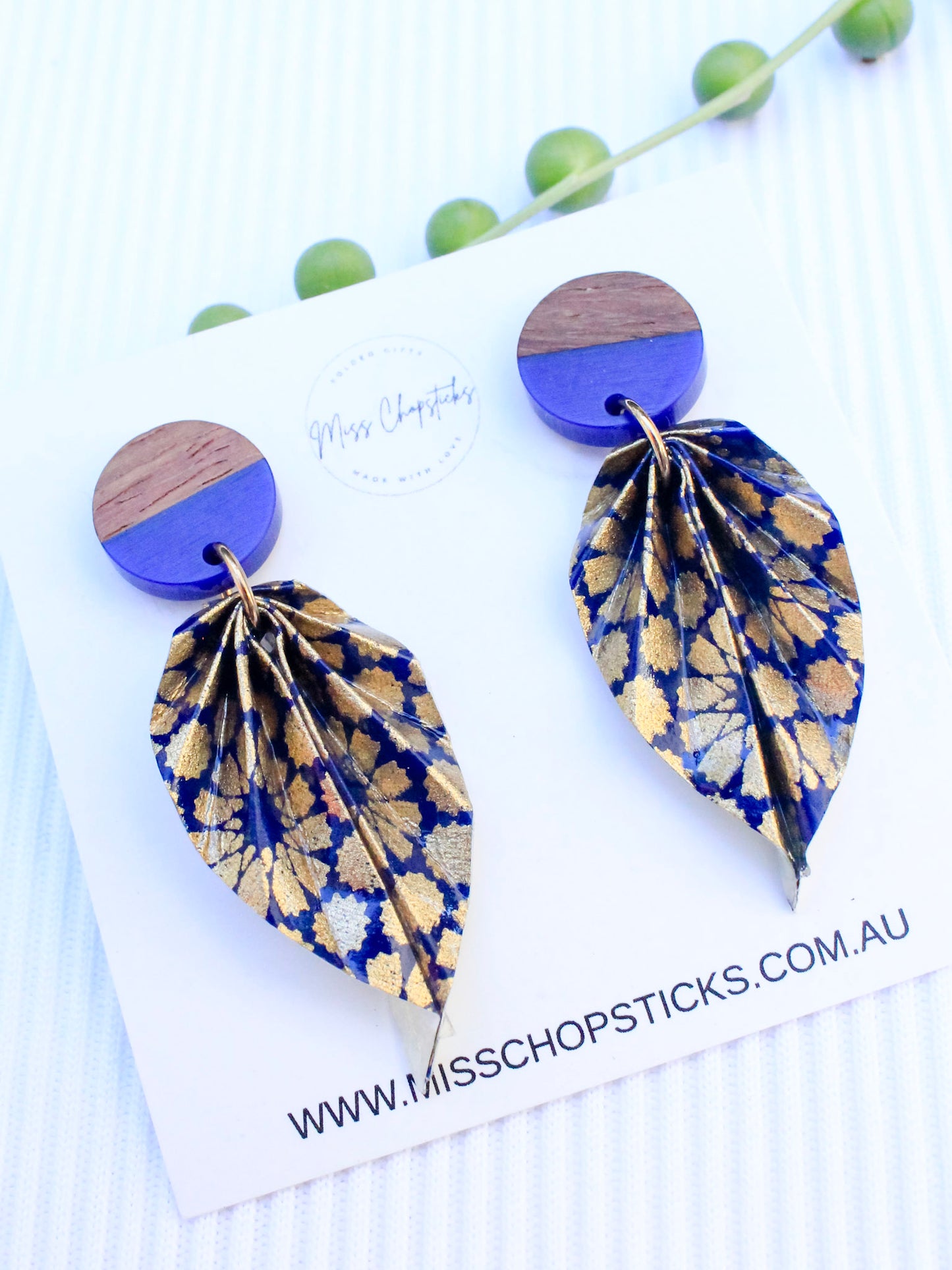 Origami-Earrings-Leaf-Wooden-Resin-Studs-Navy-Gold