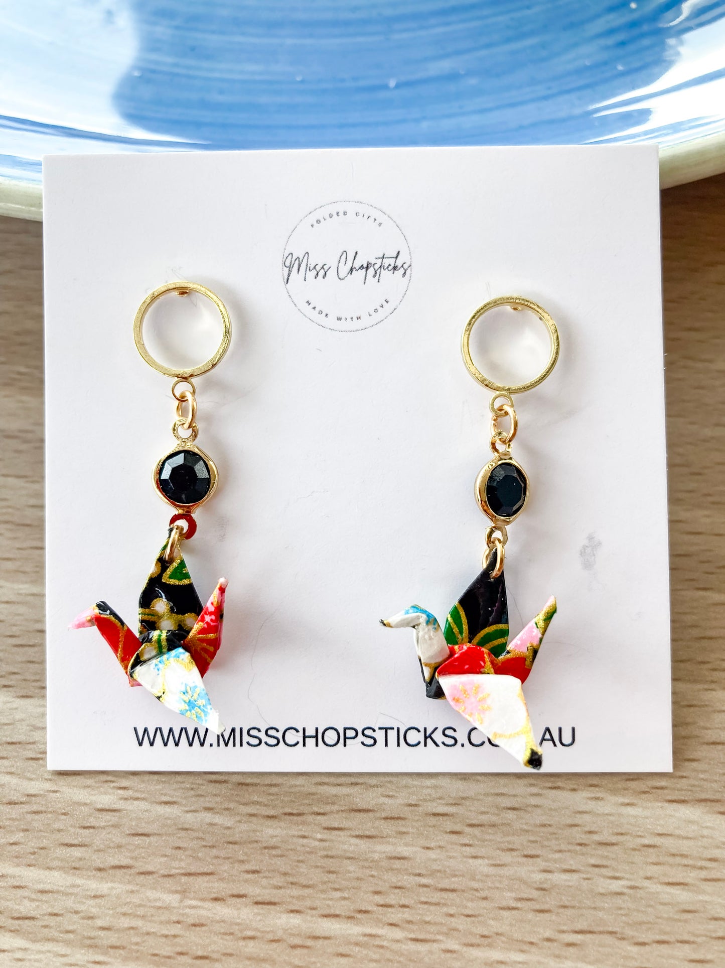 Handmade-Origami-Crane-Earrings-with-Glass-Beads-and-Hoop-Studs-Black