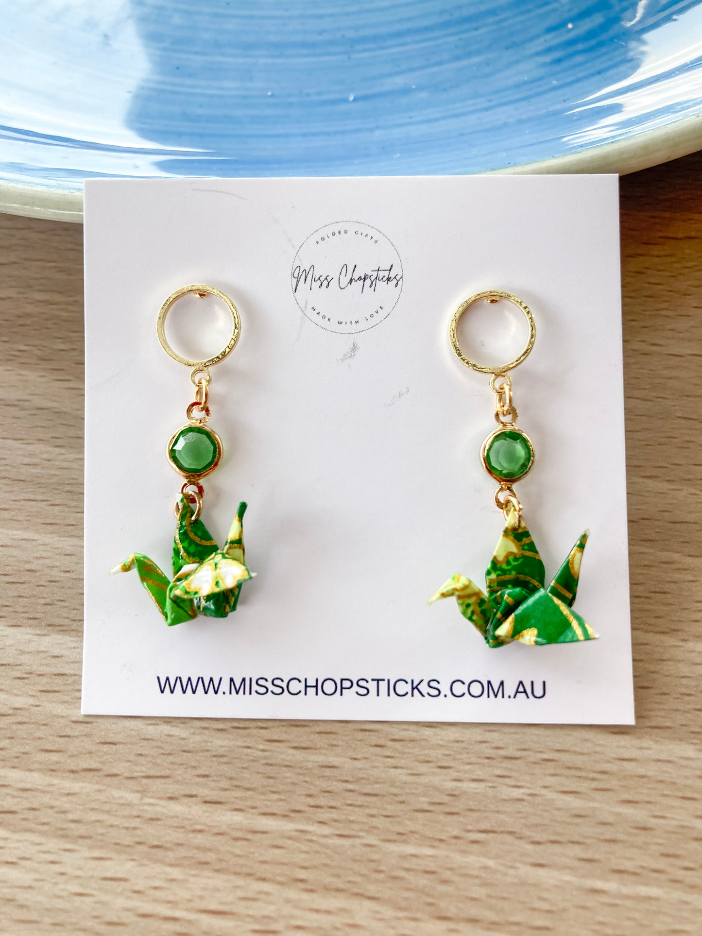Handmade-Origami-Crane-Earrings-with-Glass-Beads-and-Hoop-Studs-Green