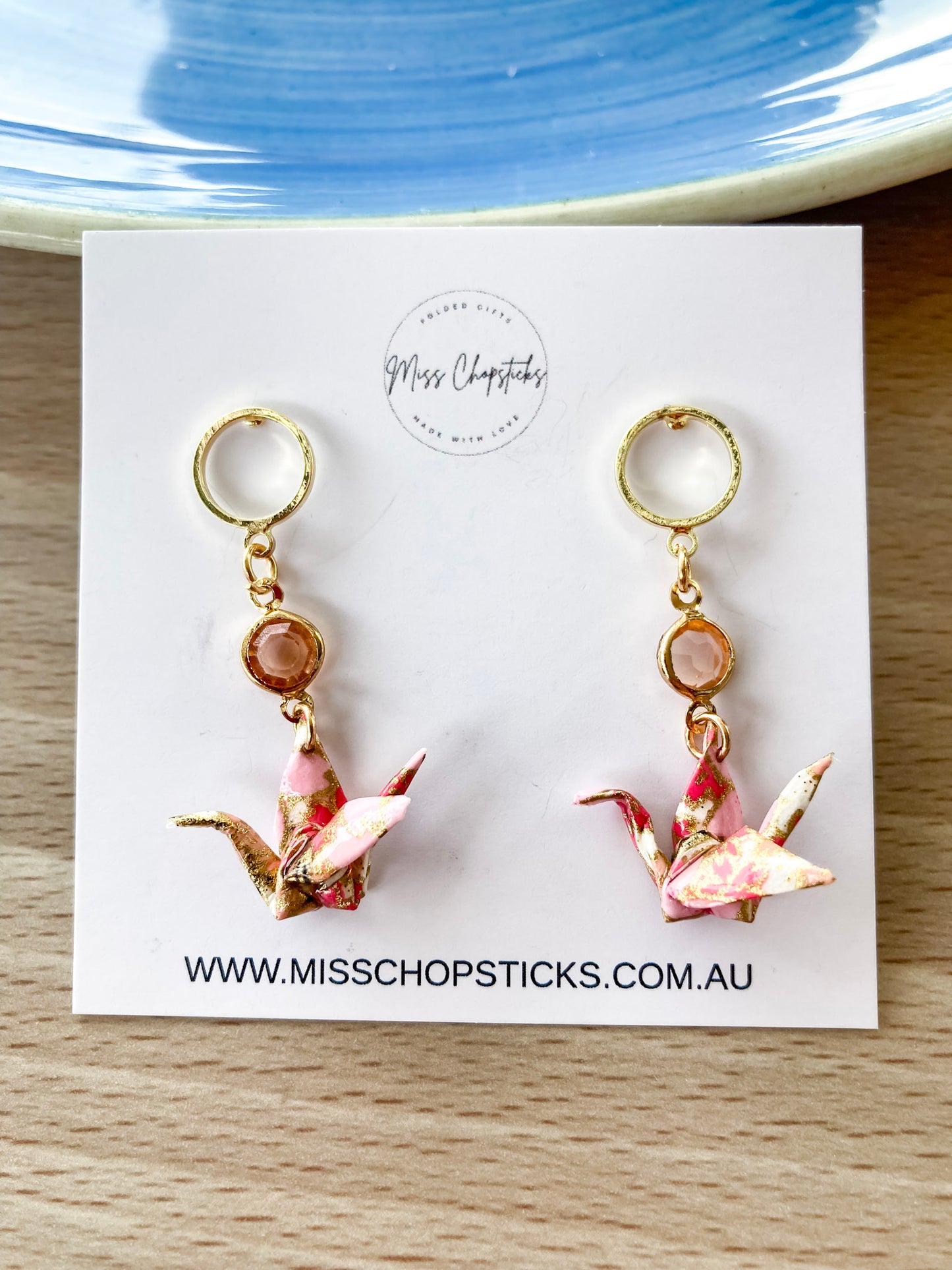 Handmade-Origami-Crane-Earrings-with-Glass-Beads-and-Hoop-Studs-Pink