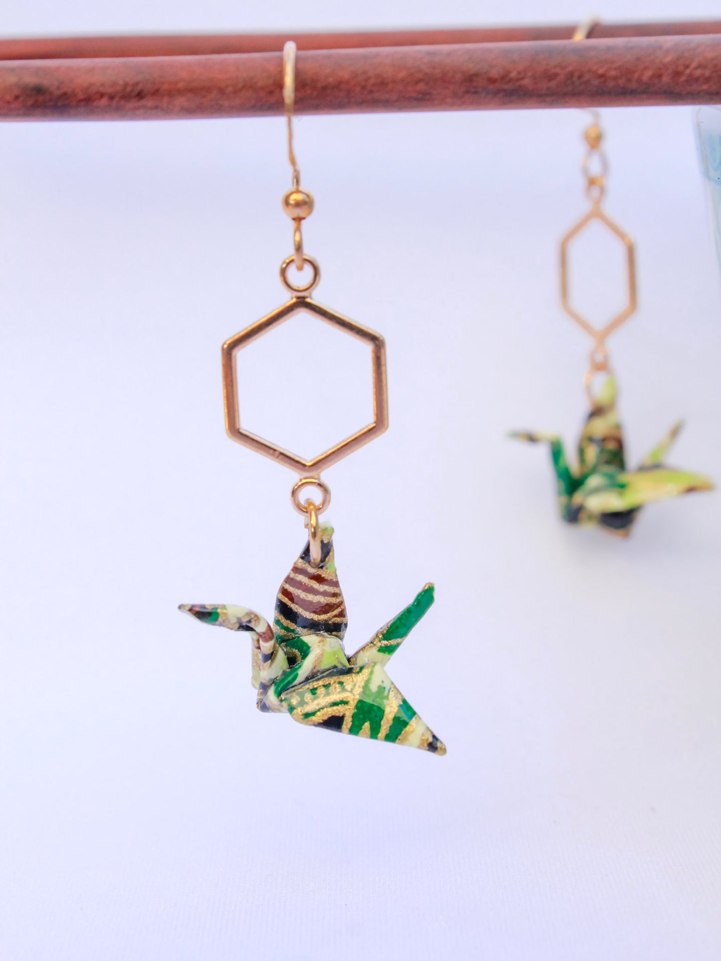 Origami-Crane-Hexagaon-Earrings-Green
