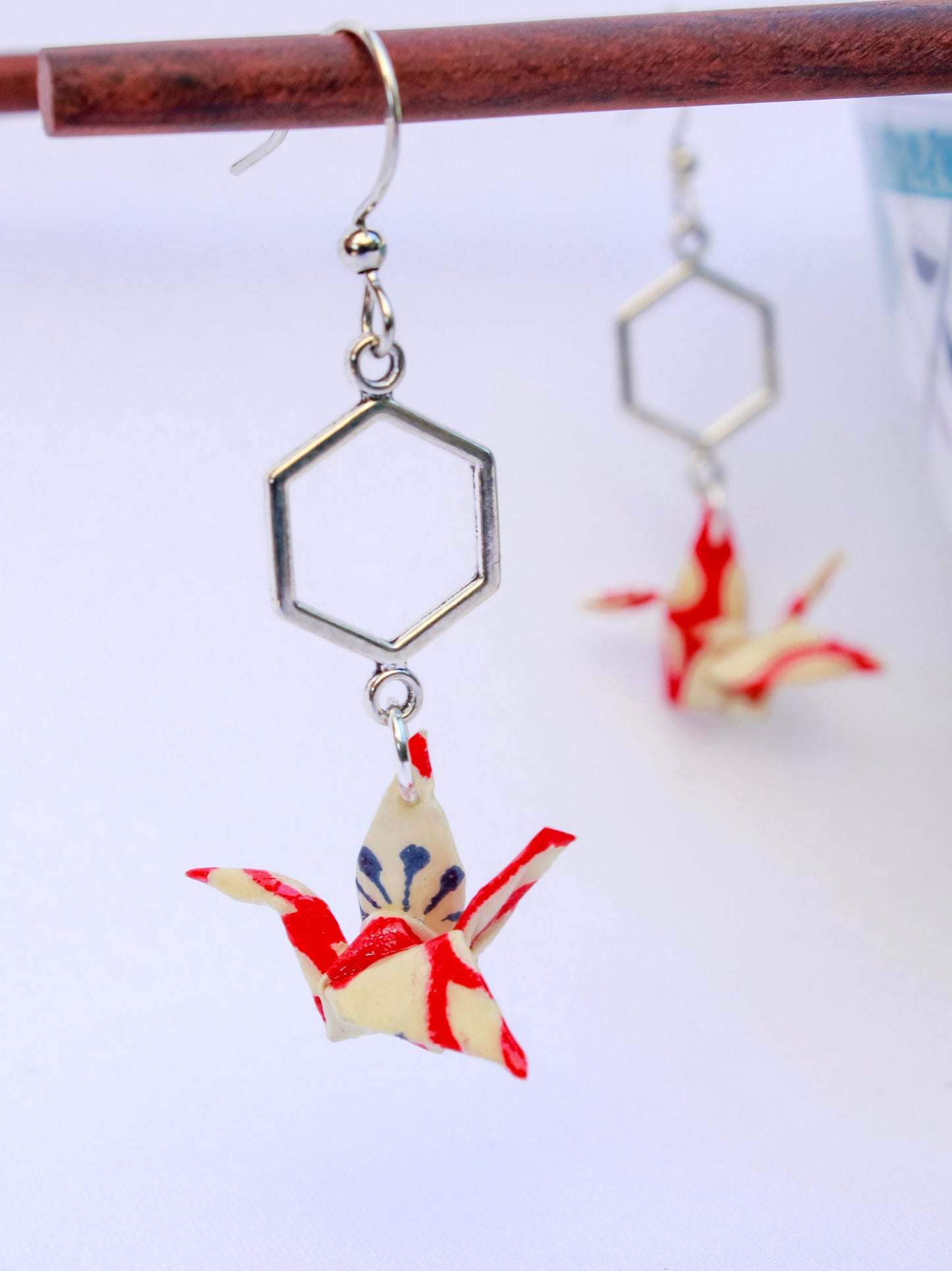 Origami-Crane-Hexagaon-Earrings-Red