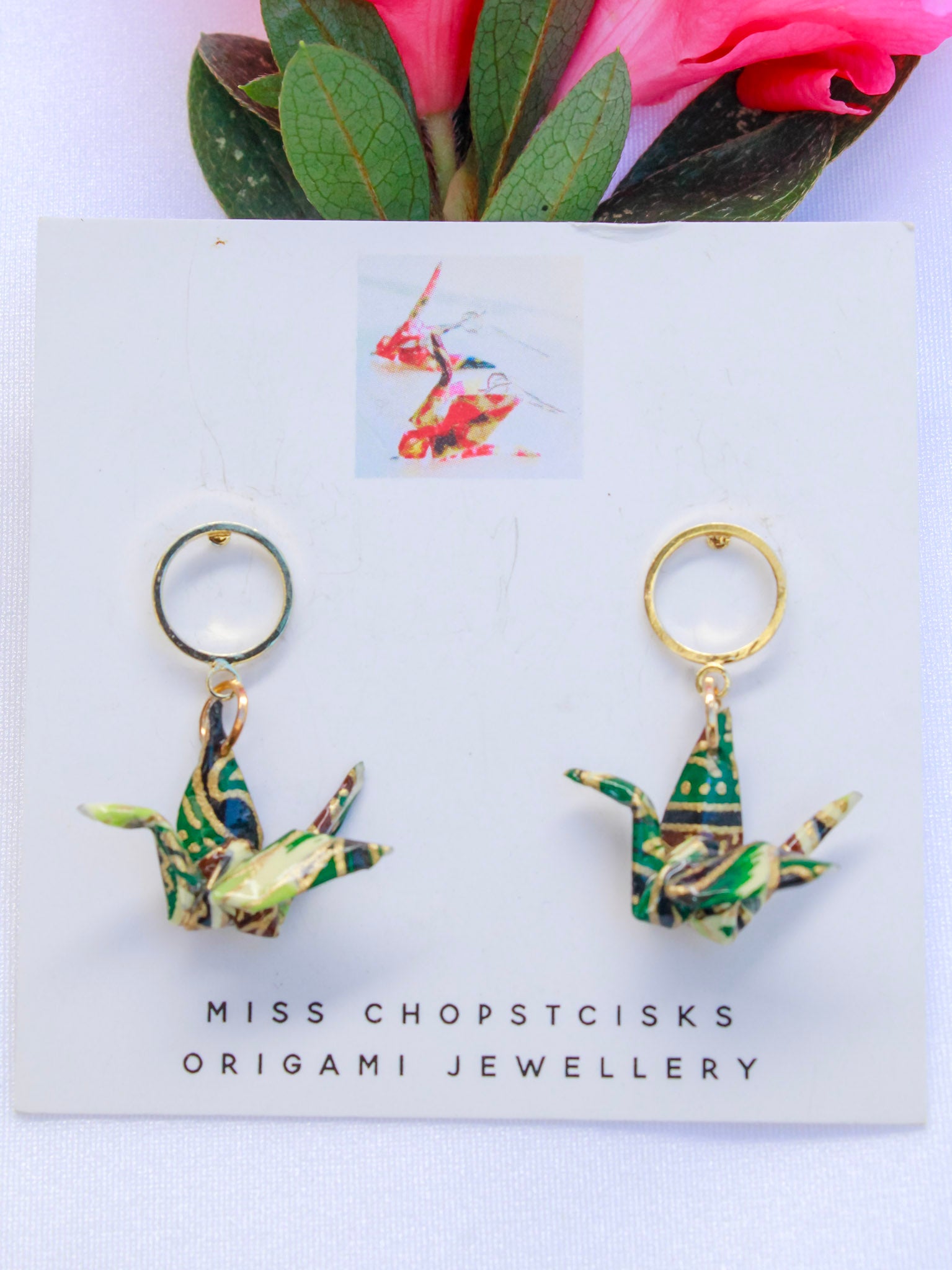 Origami-Earrings-Crane-Hoop-Stud-Deep-Green