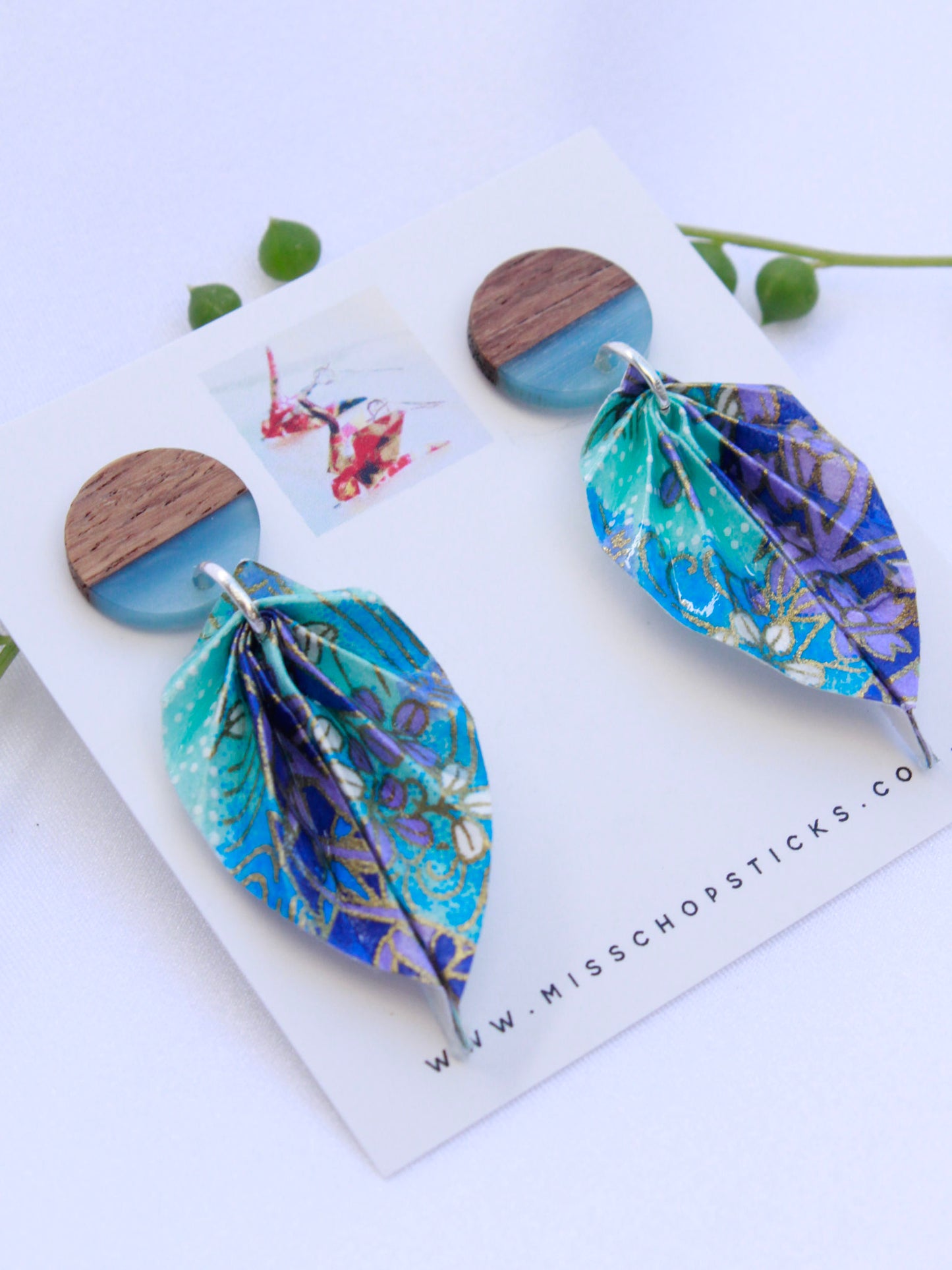 Origami-Earrings-Leaf-Wooden-Resin-Studs-Light-Purple