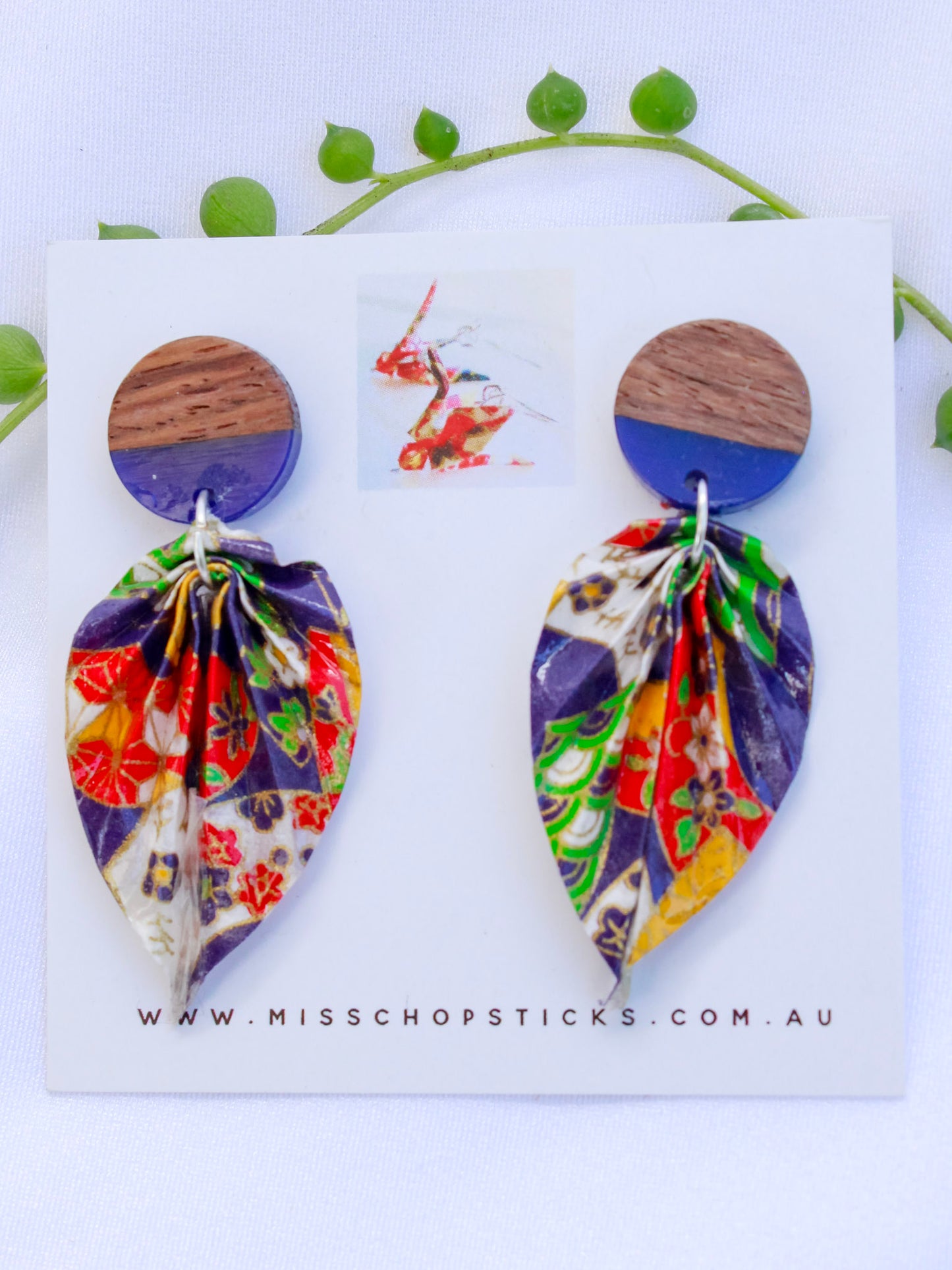 Origami-Earrings-Leaf-Wooden-Resin-Studs-Mixed-Blue