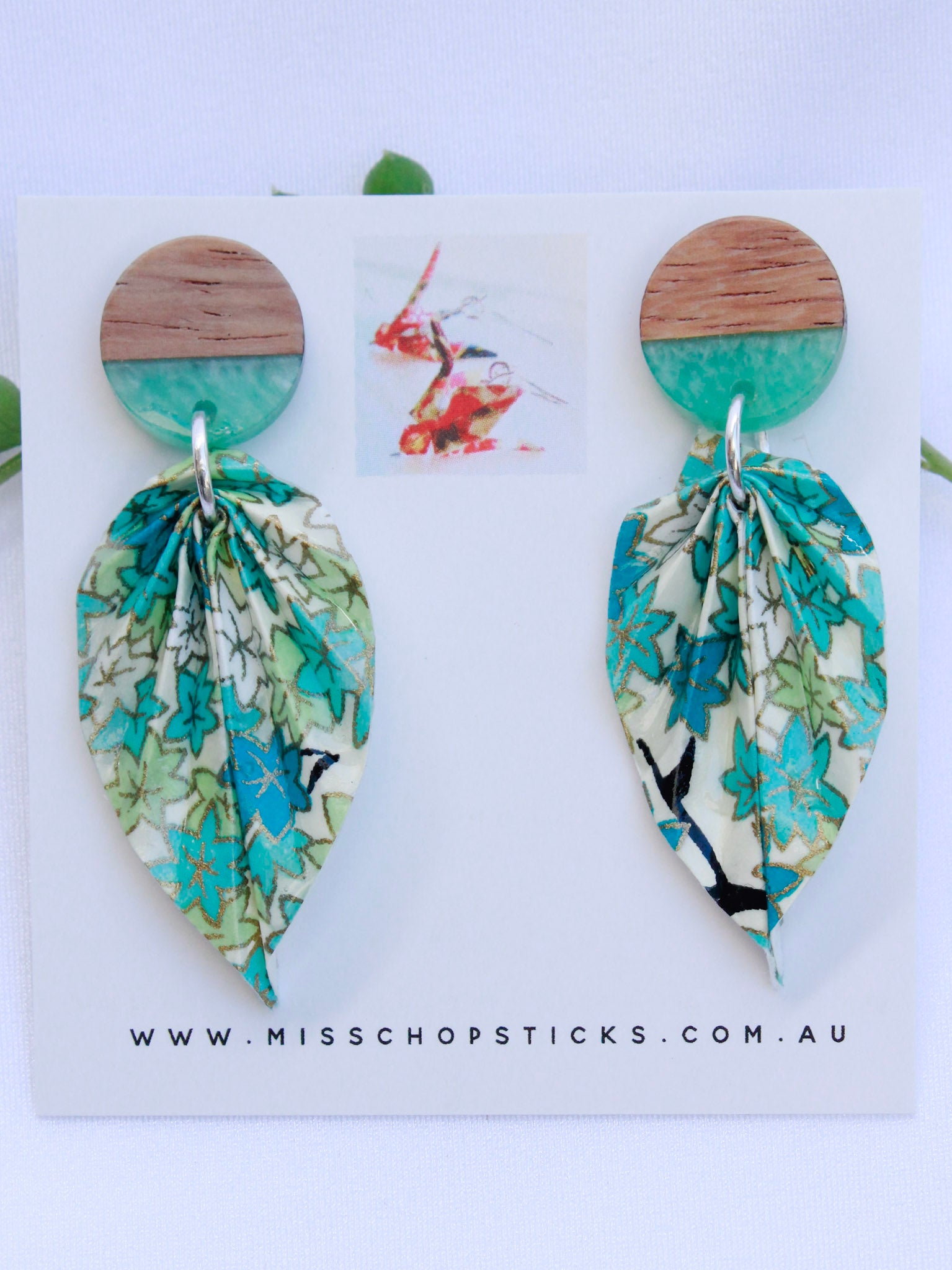 Origami-Earrings-Leaf-Wooden-Resin-Studs-Teal