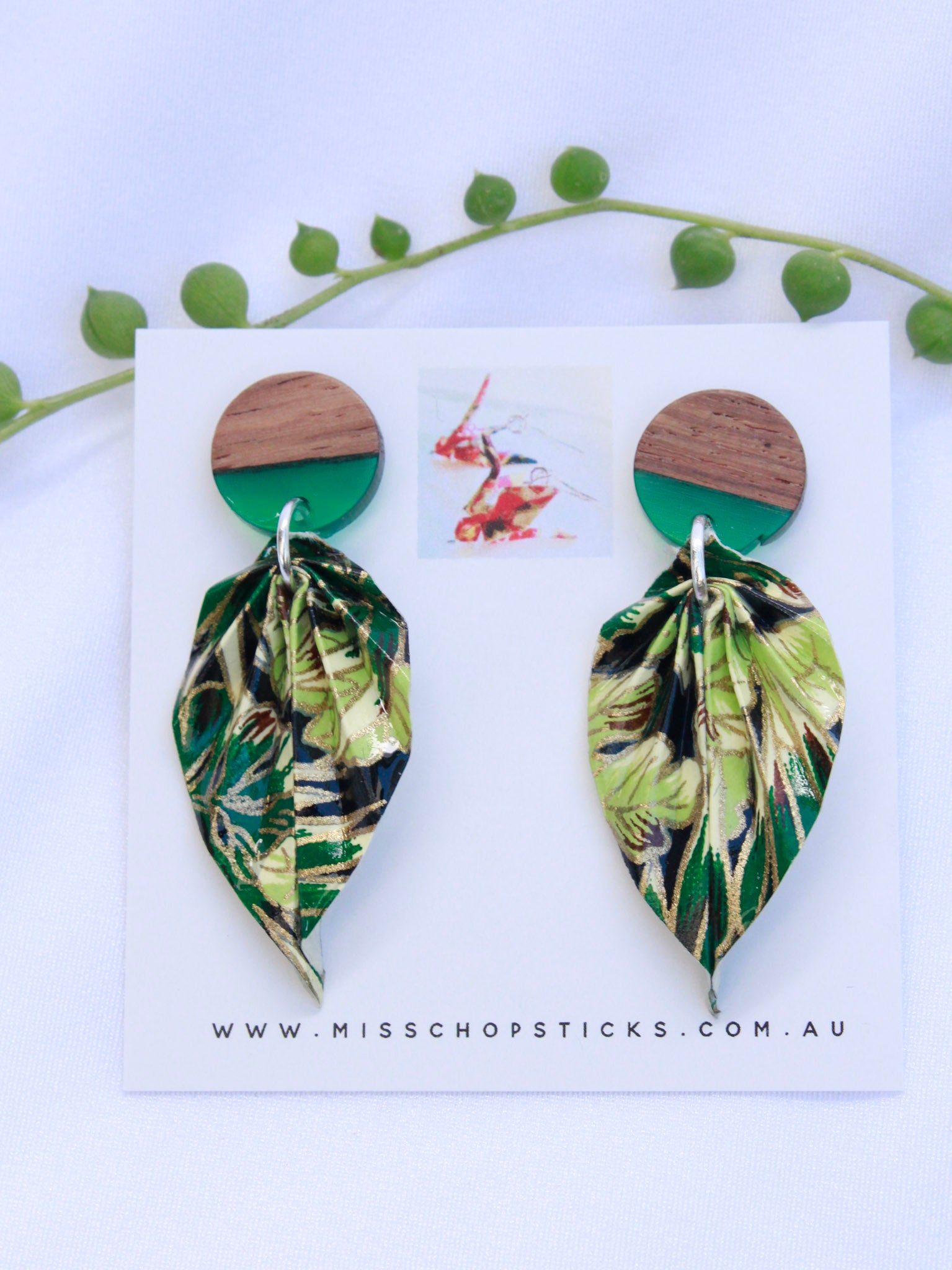 Origami-Earrings-Leaf-Wooden-Resin-Studs-Green