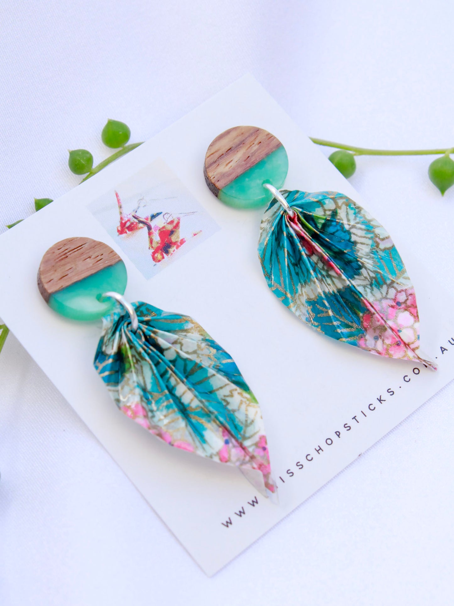 Origami-Earrings-Leaf-Wooden-Resin-Studs-Hydrageas-Teal