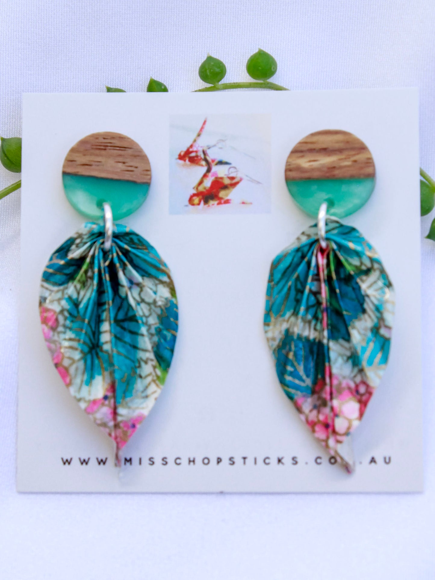 Origami-Earrings-Leaf-Wooden-Resin-Studs-Hydrageas-Teal