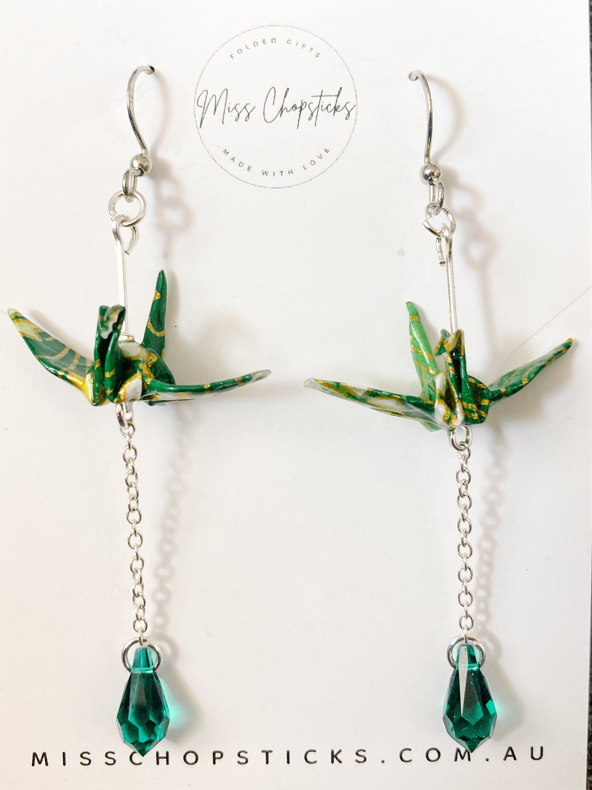 Origami Earrings - Swarovski Crane Cascade green