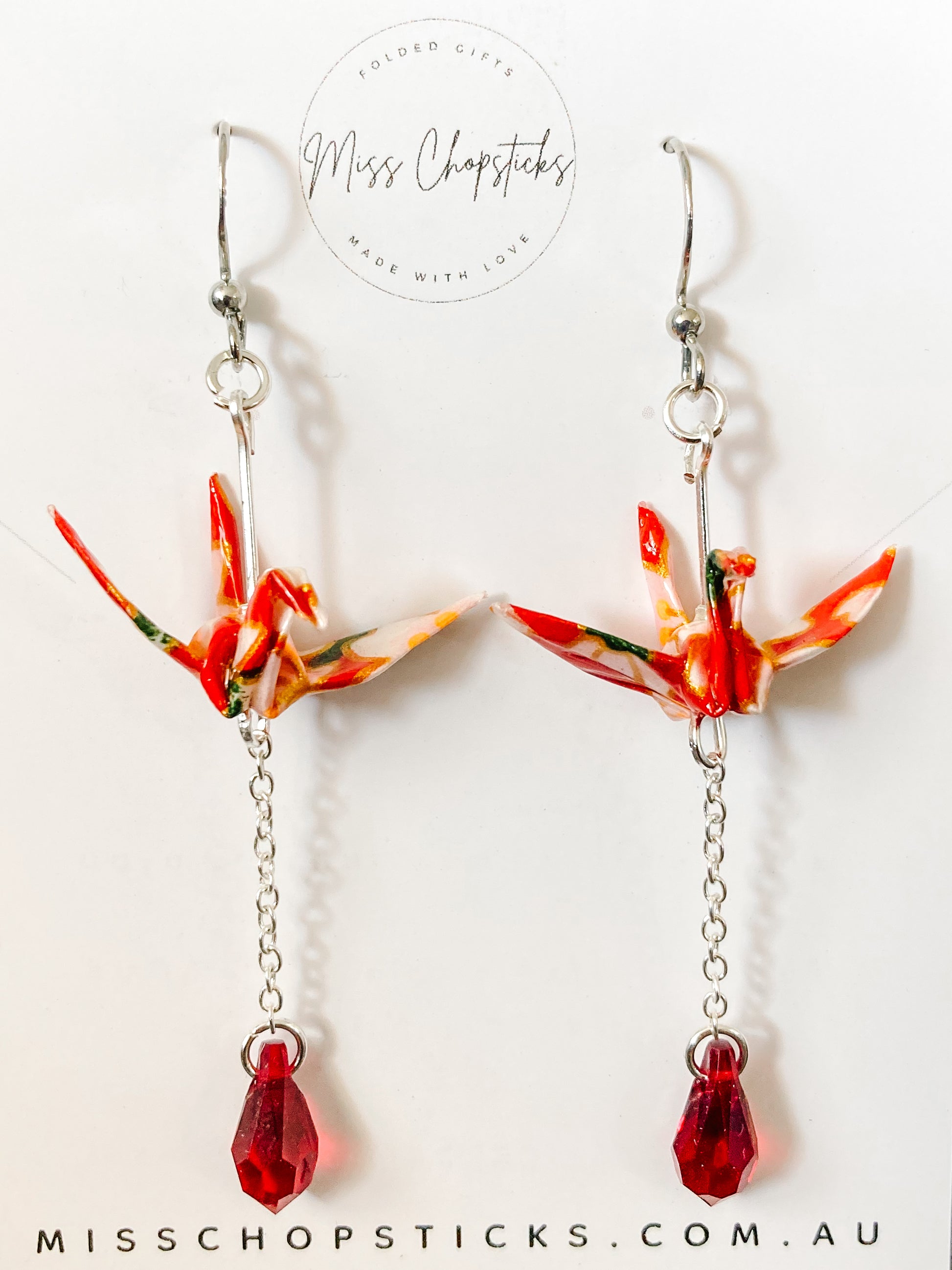 Origami Earrings - Swarovski Crane Cascade red