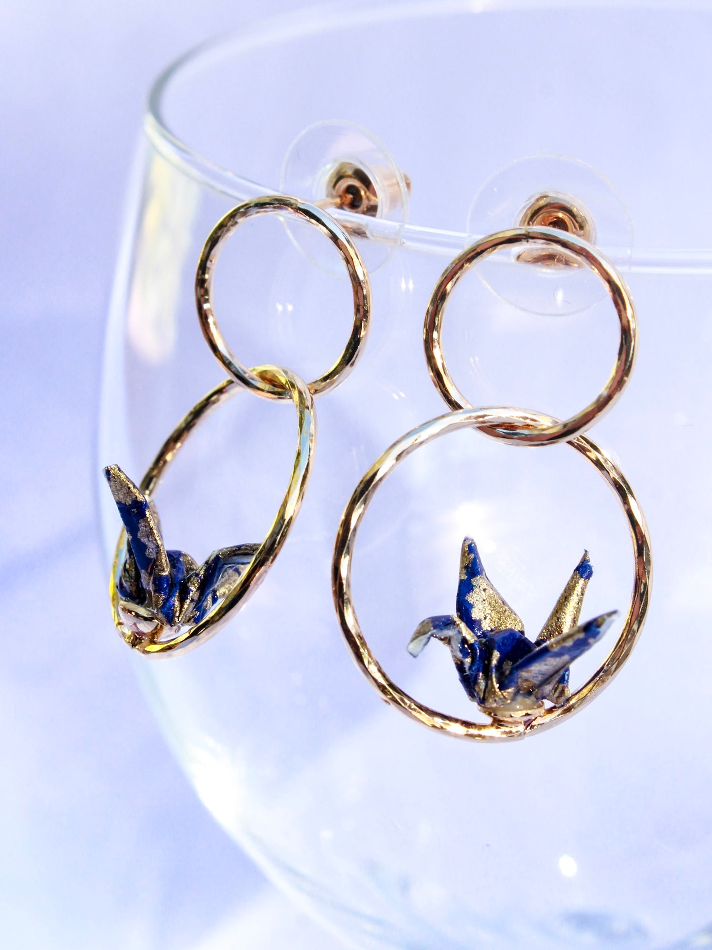 Origami-Crane-Double-Hoop-Earrings-Navy-Gold