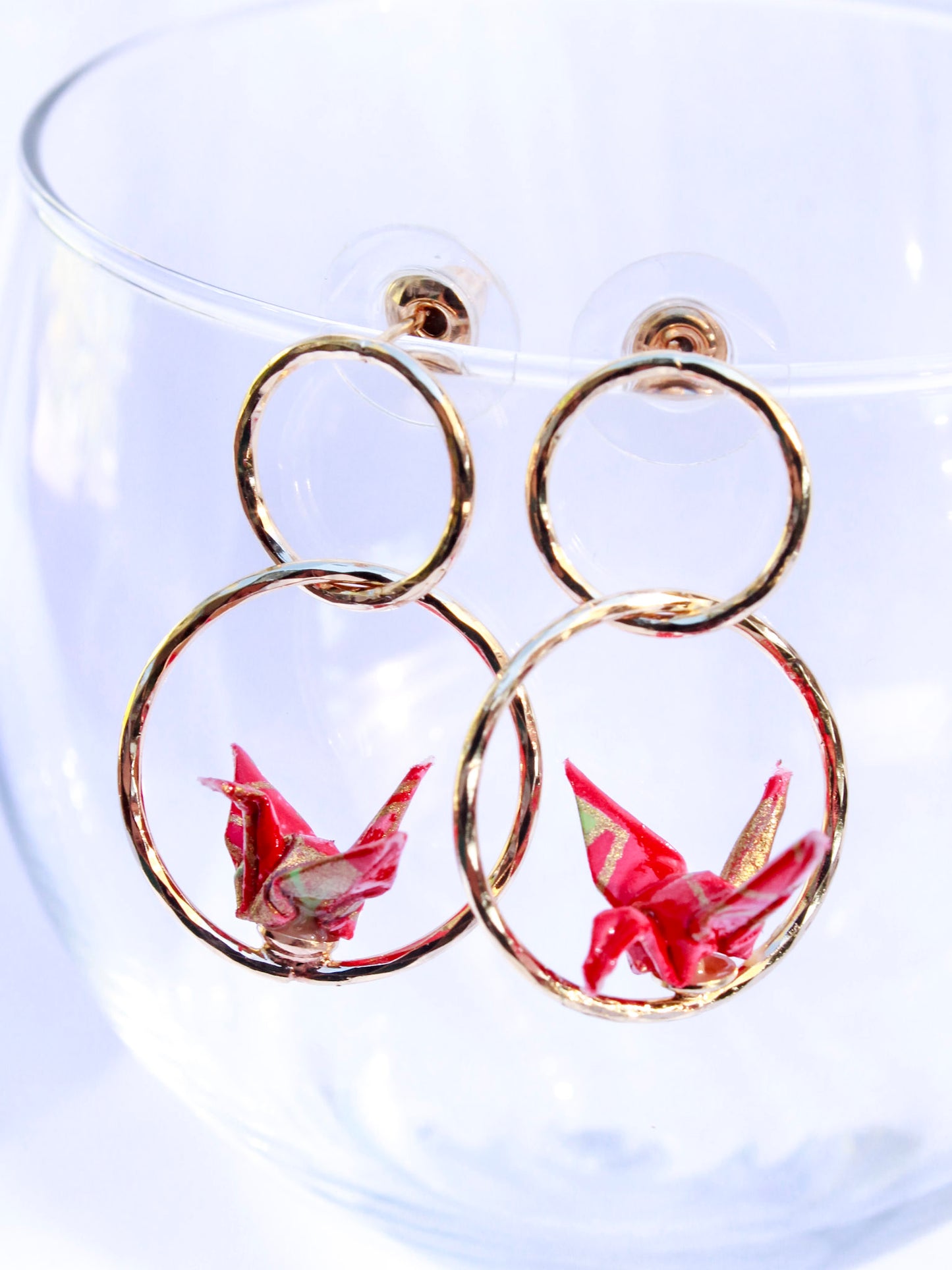 Origami-Crane-Double-Hoop-Earrings-Red