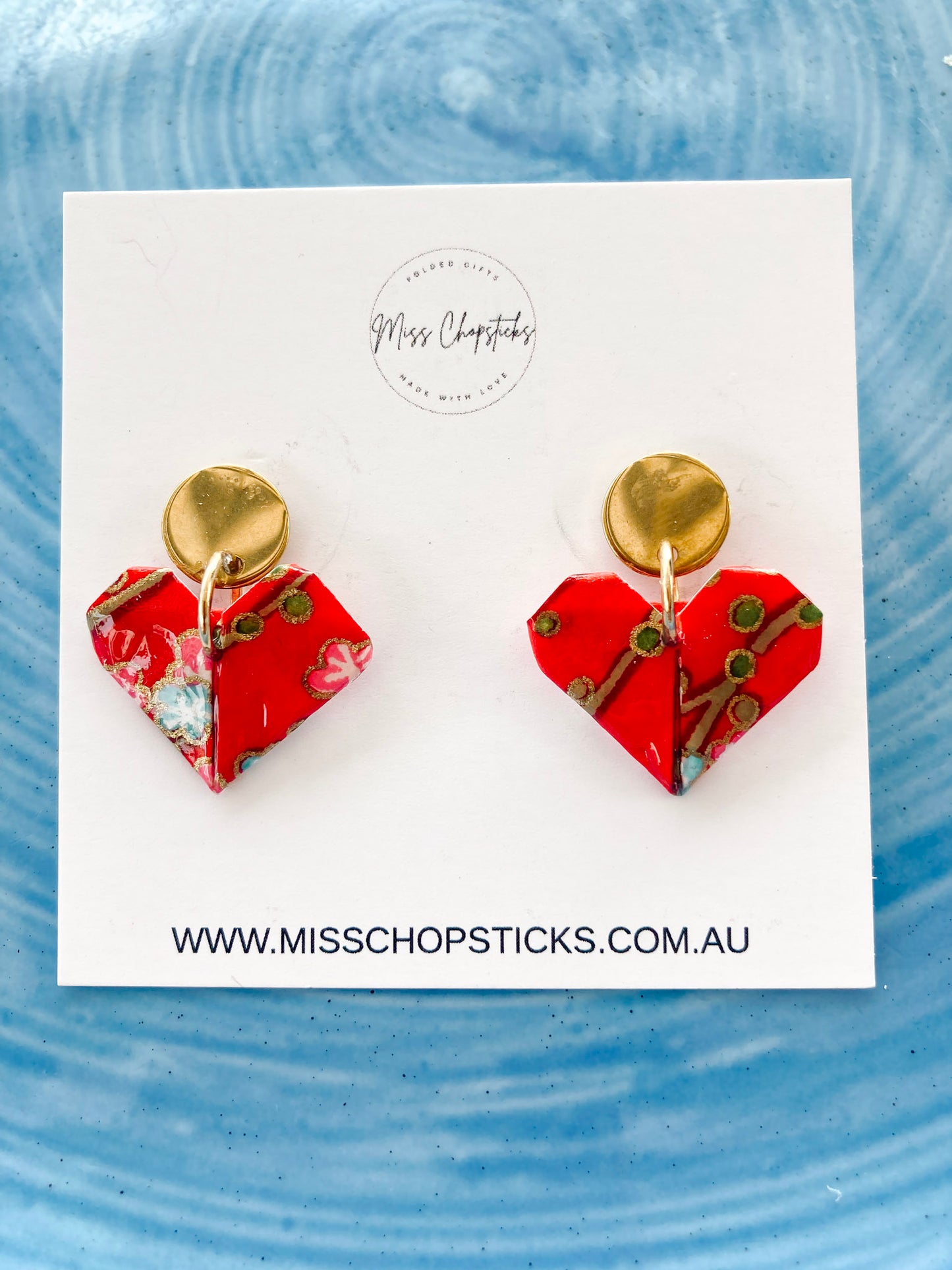 Origami-Heart-Gold-Earrings-Stud-Red