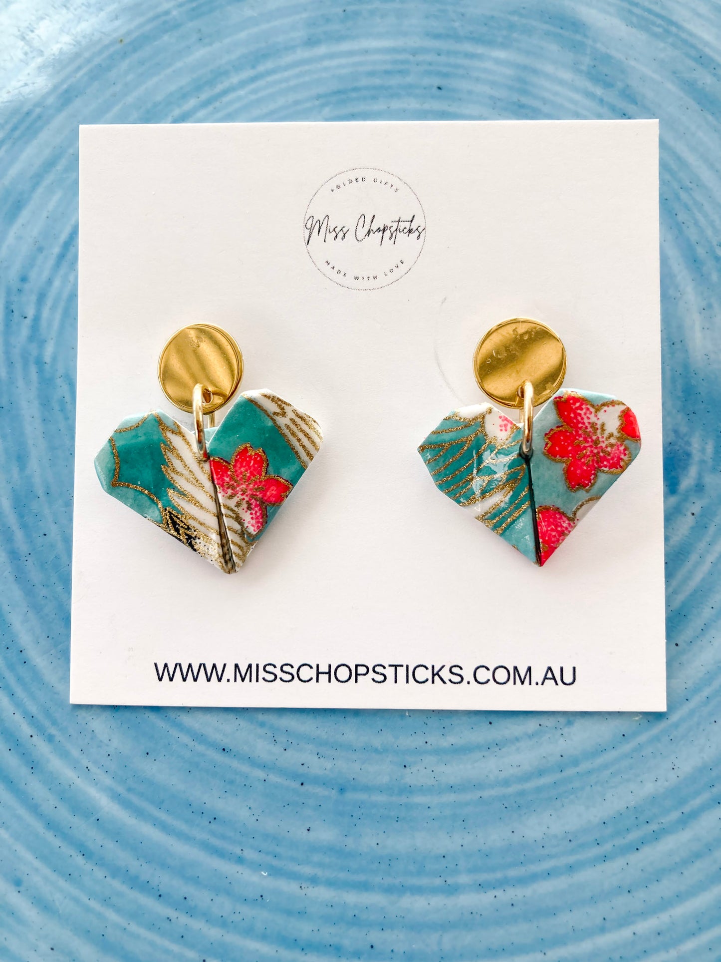 Origami-Heart-Gold-Earrings-Stud-Blue