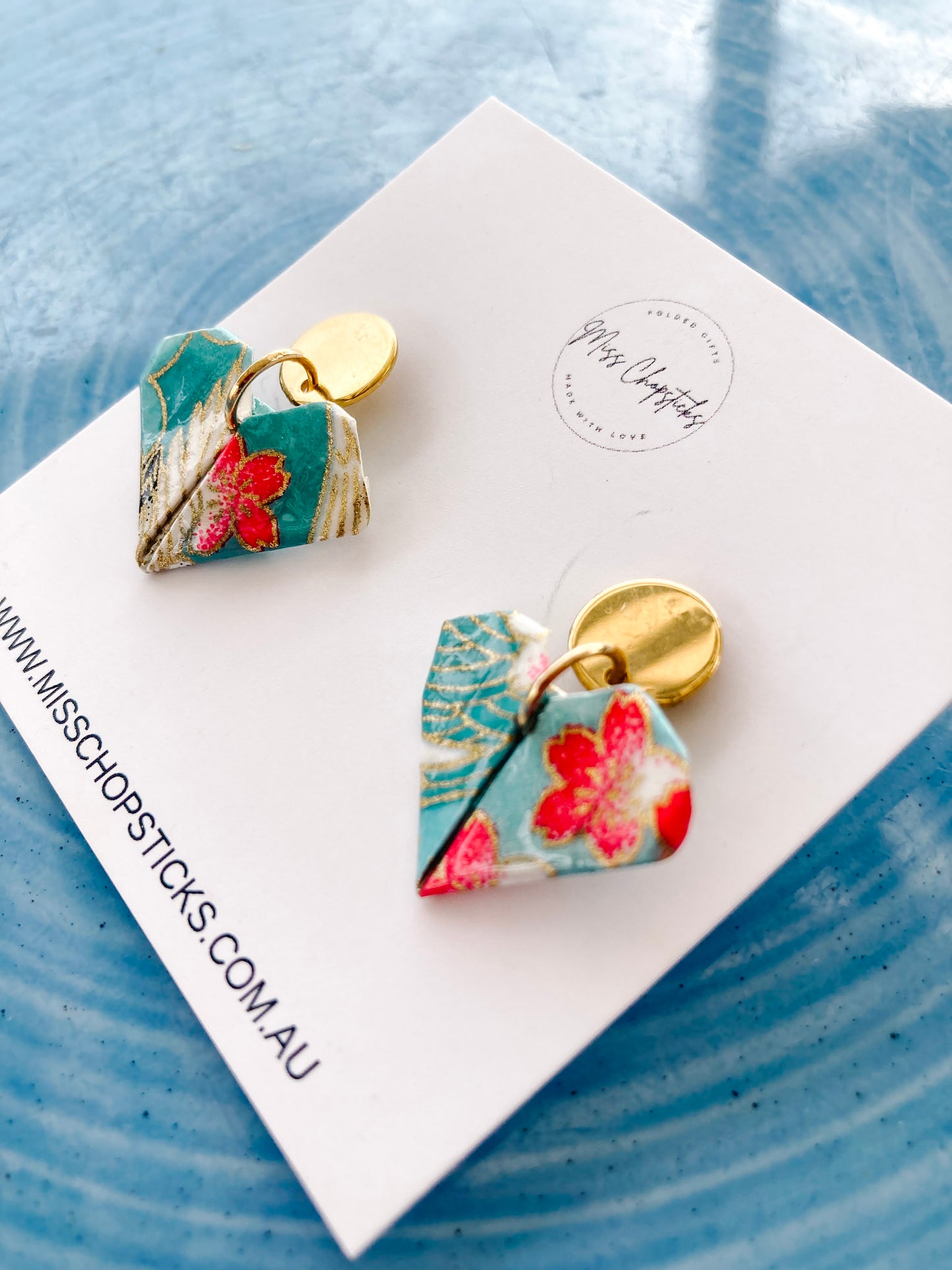 Origami-Heart-Gold-Earrings-Stud-Blue