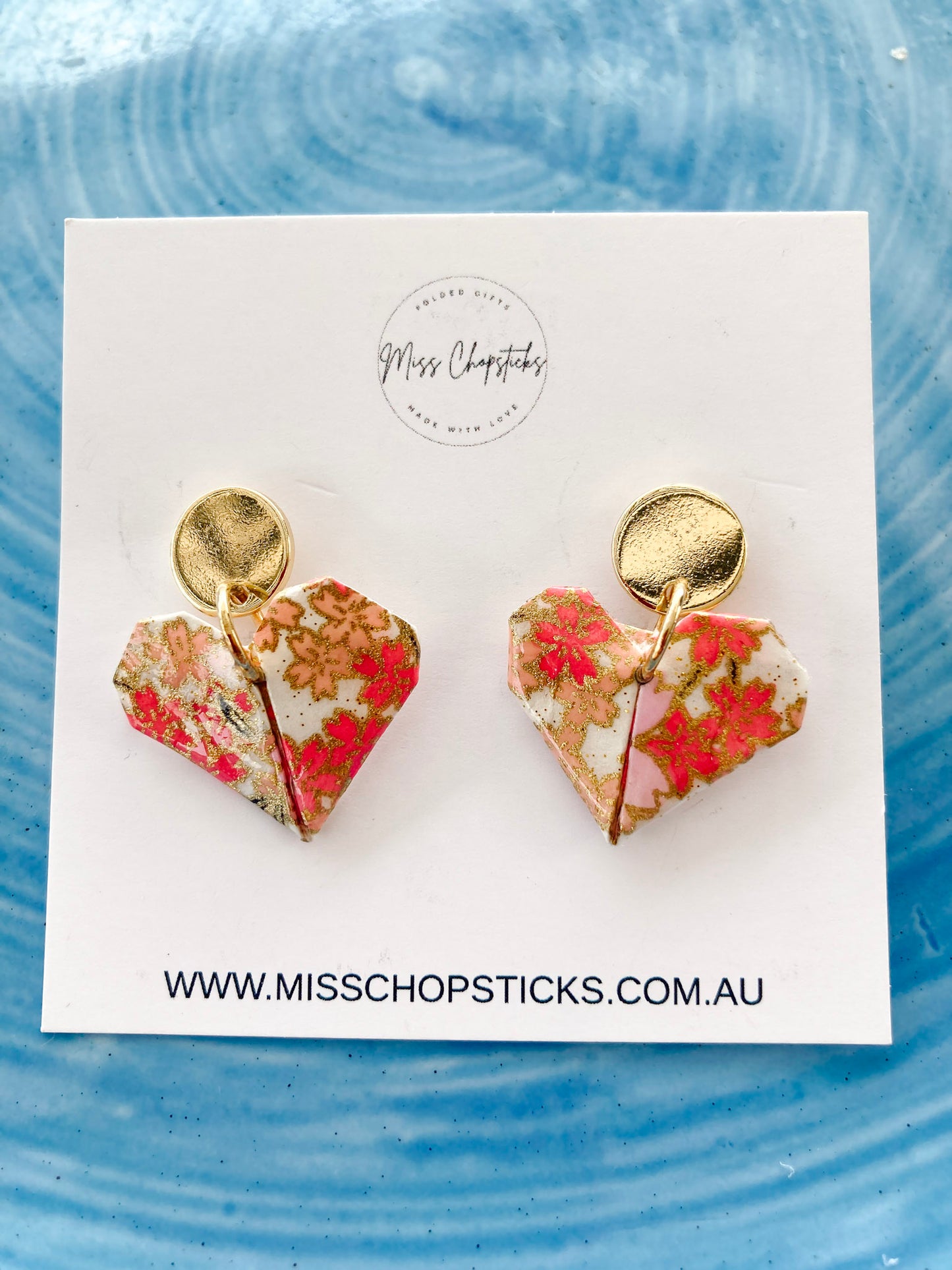 Origami-Heart-Gold-Earrings-Stud-Pink-