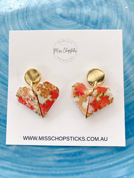 Origami-Heart-Gold-Earrings-Stud-Pink-