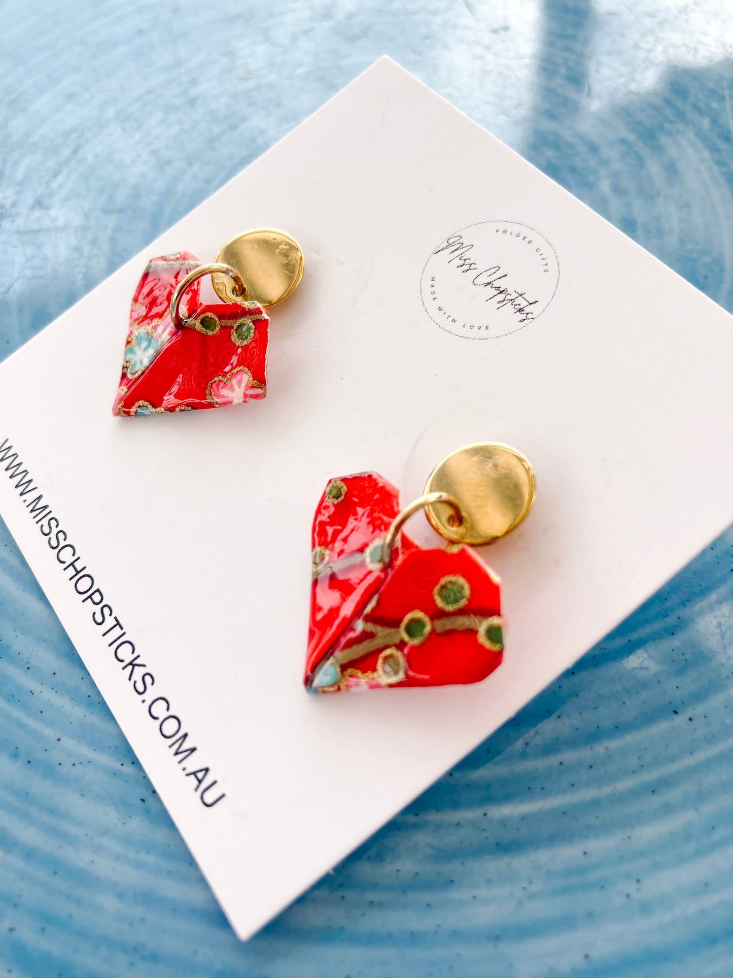 Origami-Heart-Gold-Earrings-Stud-Red