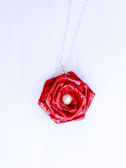 Origami-Rose-Necklace-Freshwater-Pearl-Red