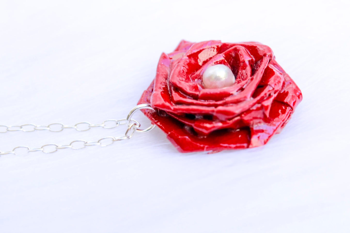 Origami Necklace - Rose Blossom with Fresh Water Pearl