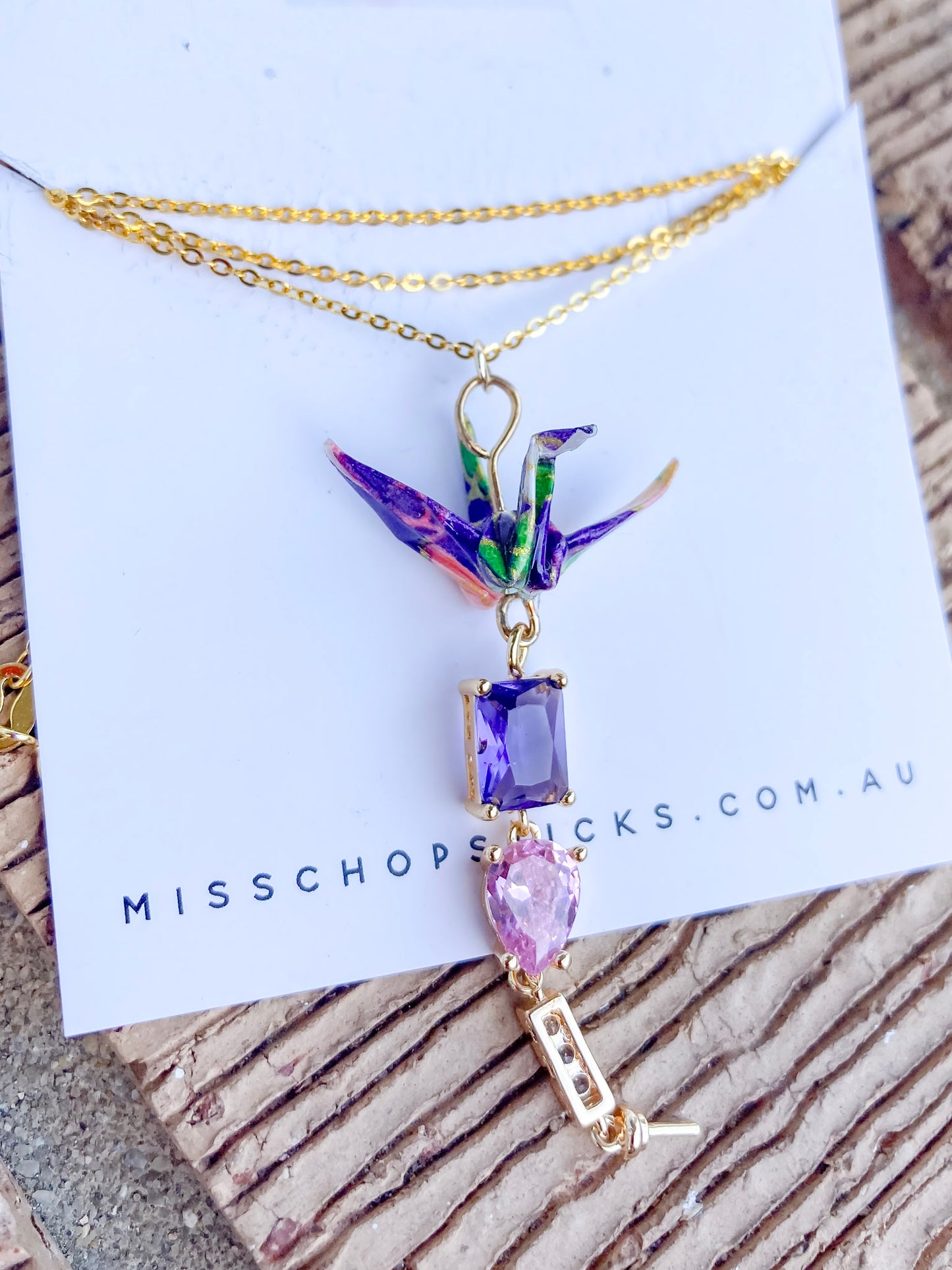 Origami Purple Crane Necklace Graceful Crystal Drops Necklace