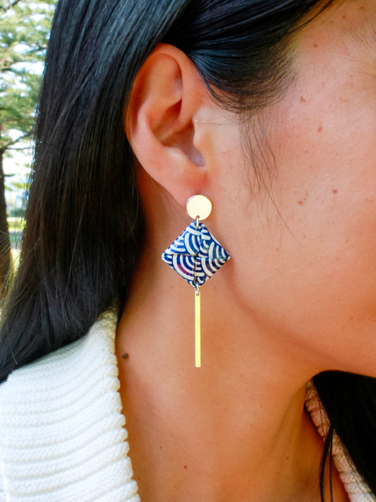 Handmade blue wave origami dangle earrings – hypoallergenic silver-plated stainless steel, ocean-inspired jewellery for her.