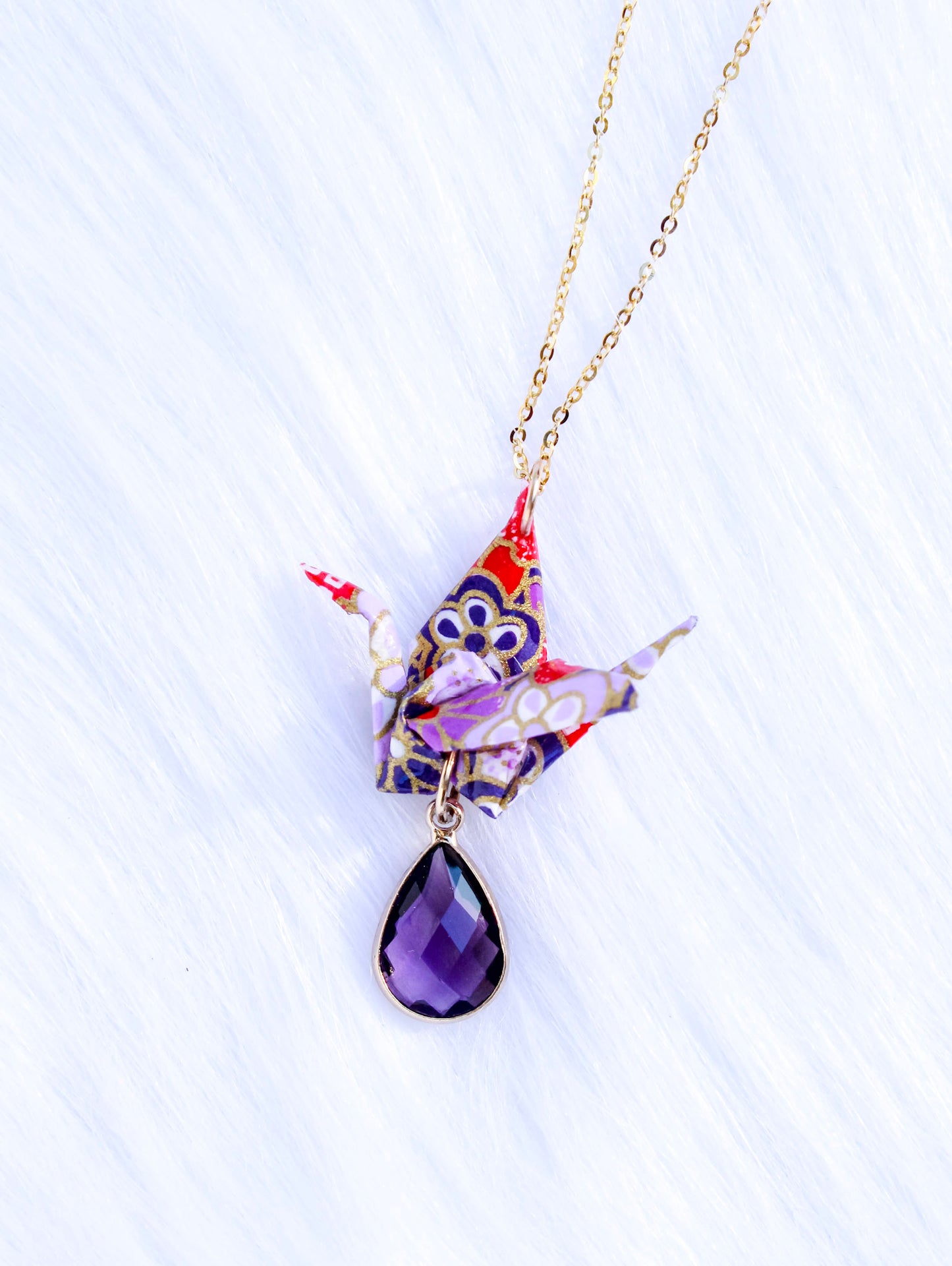 Origami-Necklace-Crane-Gold-Chain-Purple-Gemstone